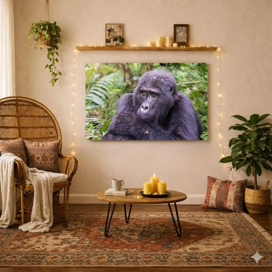 a large metal print of a gorilla on a wall, with a cozy living room setting in the background.