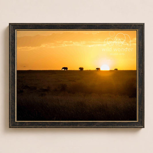 A framed image depicting a group of elephants grazing in a field at sunset, with the sun setting behind them.