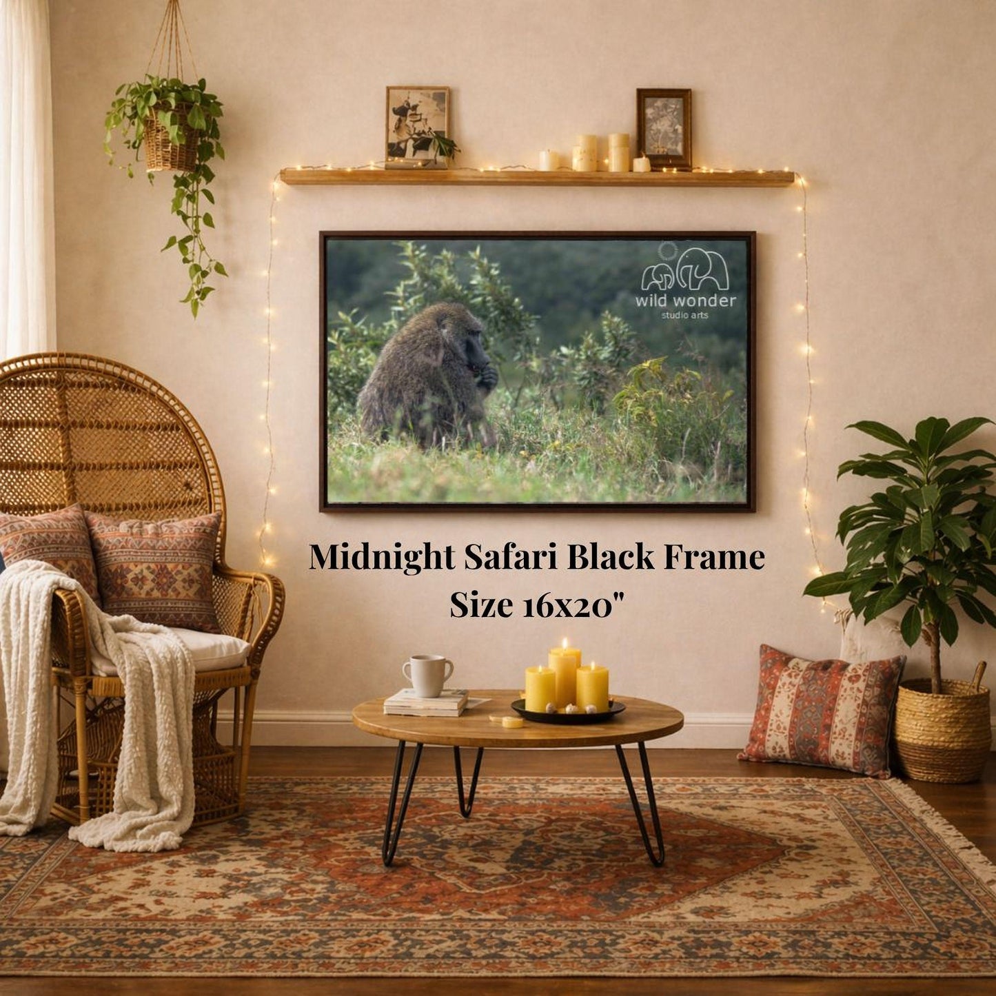 a living room with a large framed photograph of a lion on the wall, a wicker chair, a coffee table, and a potted plant.