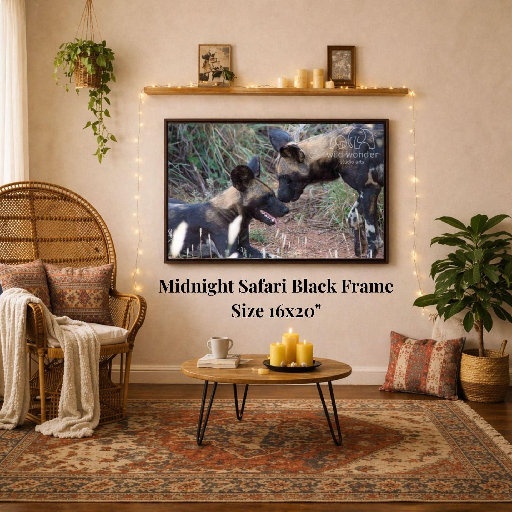 a living room with a large framed photograph of two wild dogs, likely hyenas, hanging on the wall. The photograph is in a black frame and is 16x20 inches in size. The room is decorated with a wicker chair, a coffee table, and various plants and other decorative items.