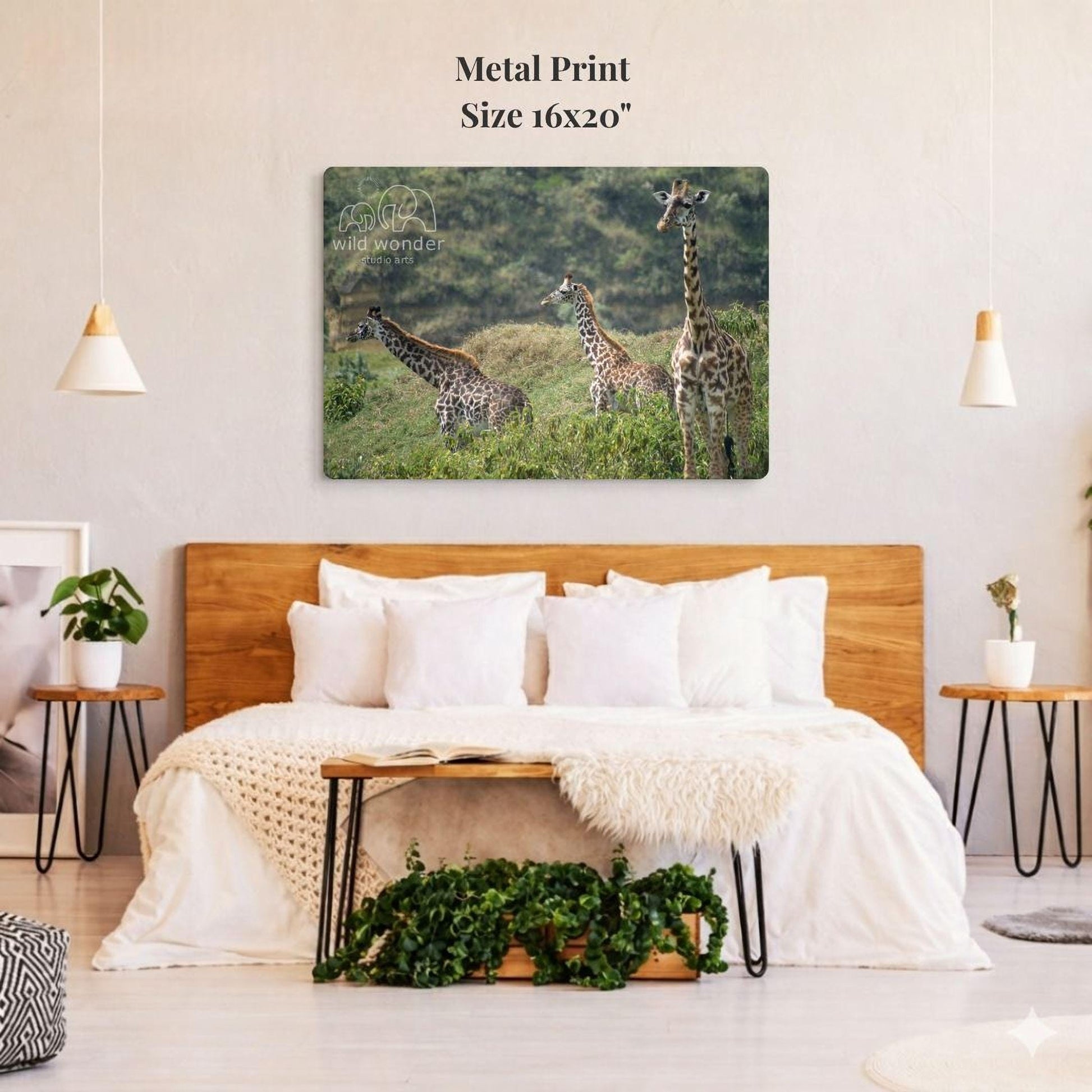 a bedroom with a large metal print of a giraffe and its herd in the background, hanging on the wall above a bed with white bedding.