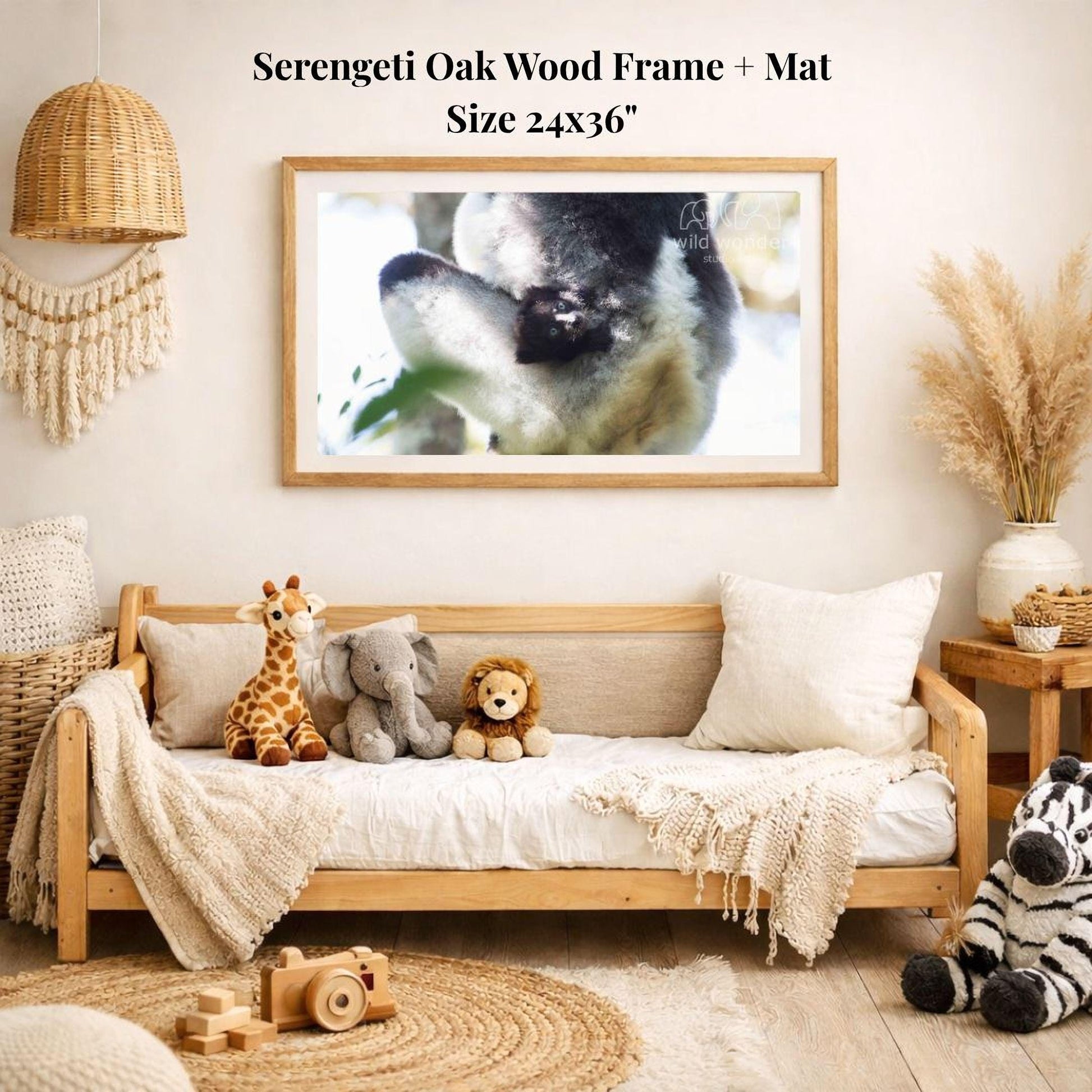 a cozy living room with a wooden sofa, a framed photograph of a sleeping koala, and various stuffed animals. The room has a rustic and natural aesthetic, with a woven basket and a woven rug adding to the warm and inviting atmosphere.