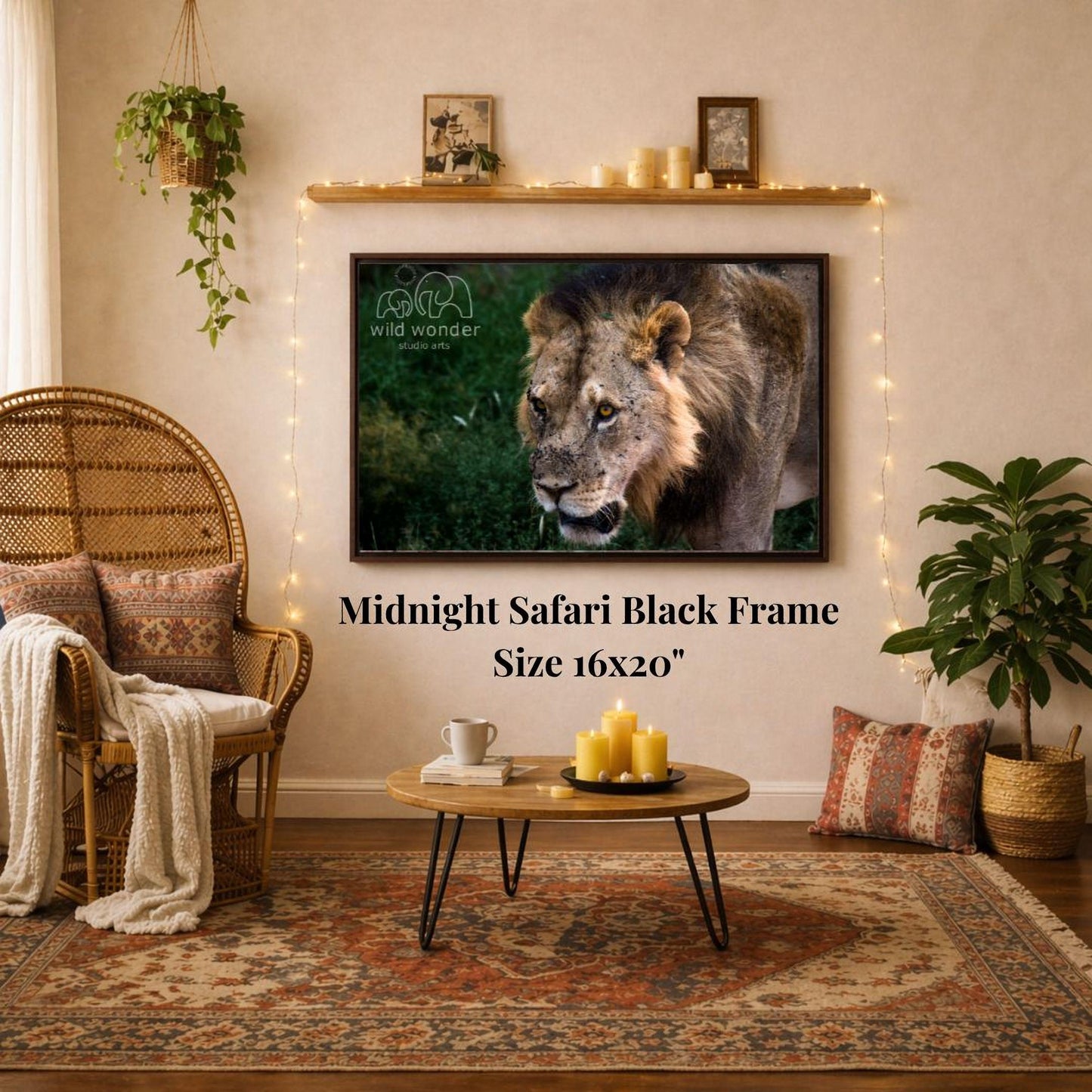 a living room with a large framed picture of a lion on the wall, a wicker chair, a coffee table, and a potted plant.