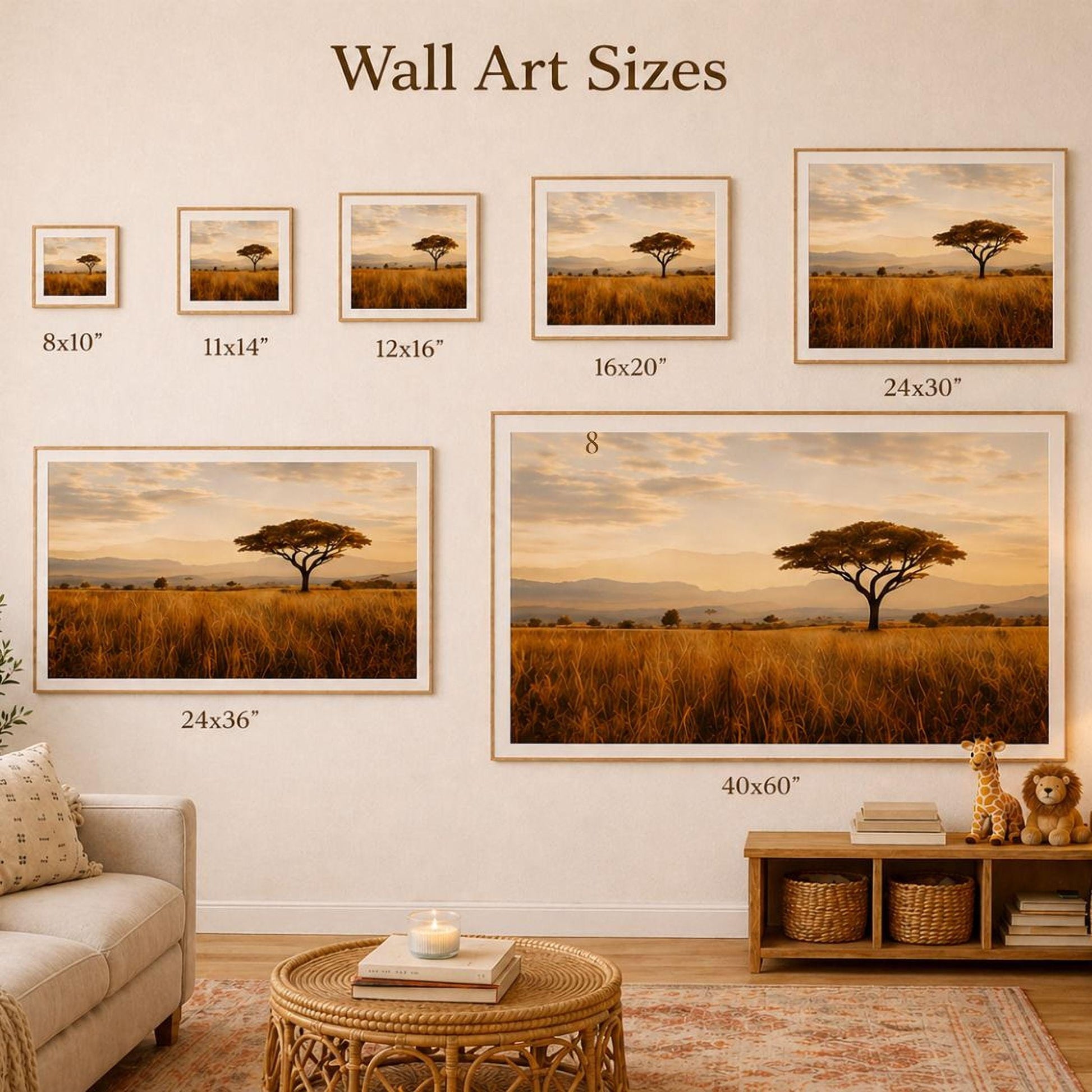 a collection of wall art sizes, including a large framed picture of a tree in a field, smaller framed pictures, and a large framed picture of a tree in a field. The wall art sizes range from 8x10" to 24x36" and 16x20" to 24x30", providing a variety of options for viewers to choose from.