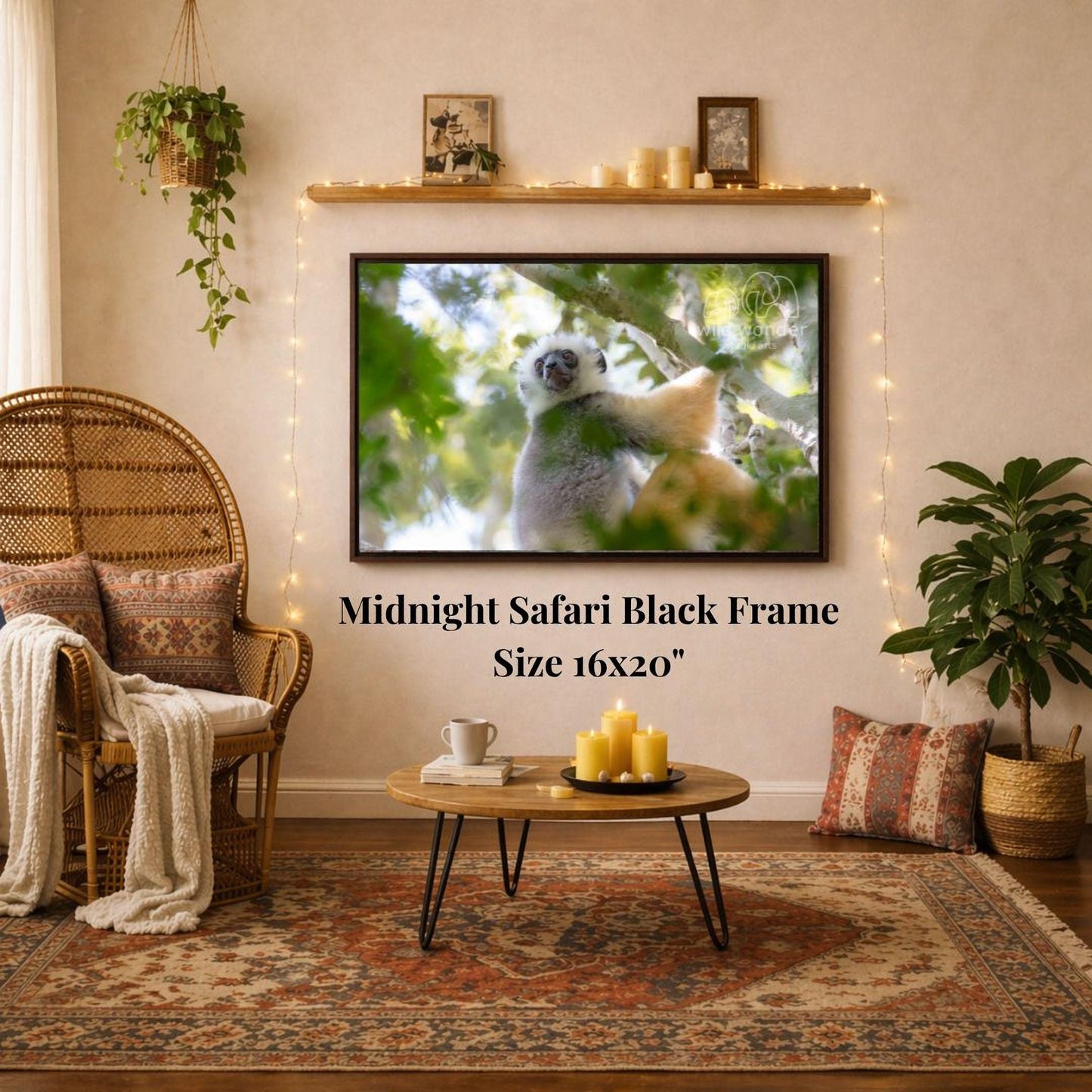 a living room with a large framed photograph of a lemur hanging on the wall. The photograph is in a black frame and is 16x20 inches in size. The room is decorated with a wicker chair, a coffee table, and a potted plant. The overall atmosphere of the room appears to be cozy and inviting.