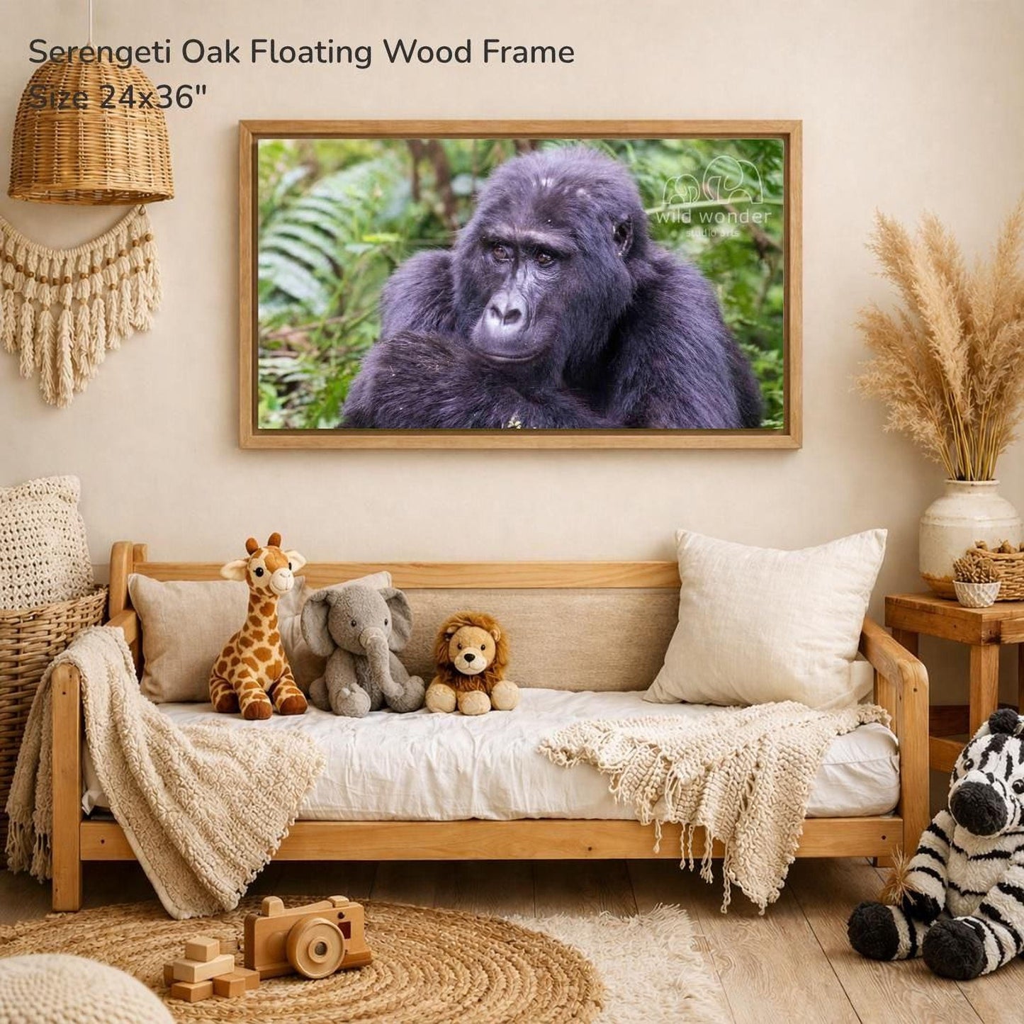 a serene indoor setting with a wooden frame hanging on a wall, displaying a photograph of a gorilla. The frame is surrounded by various stuffed animals, including a giraffe, an elephant, and a lion, creating a cozy and playful atmosphere.