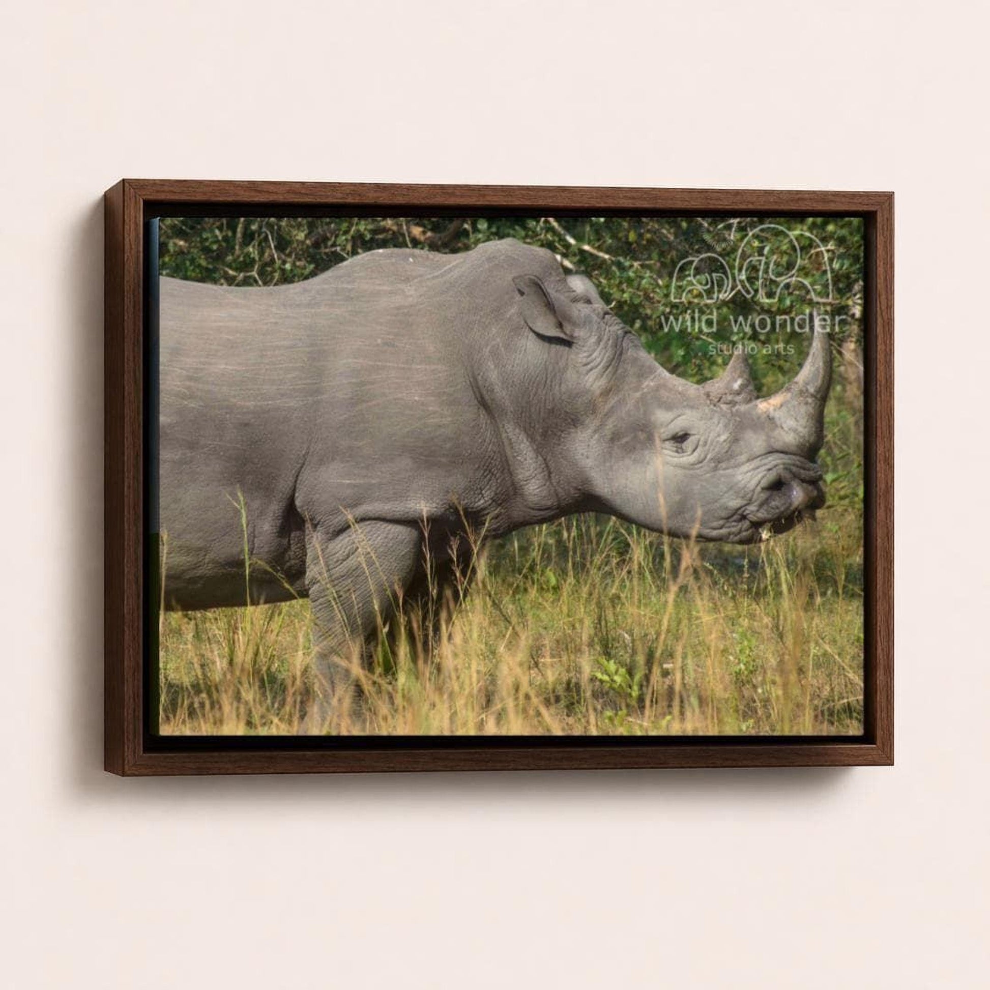 A rhinoceros standing in tall grass, with its head lowered and mouth open, in a natural setting.