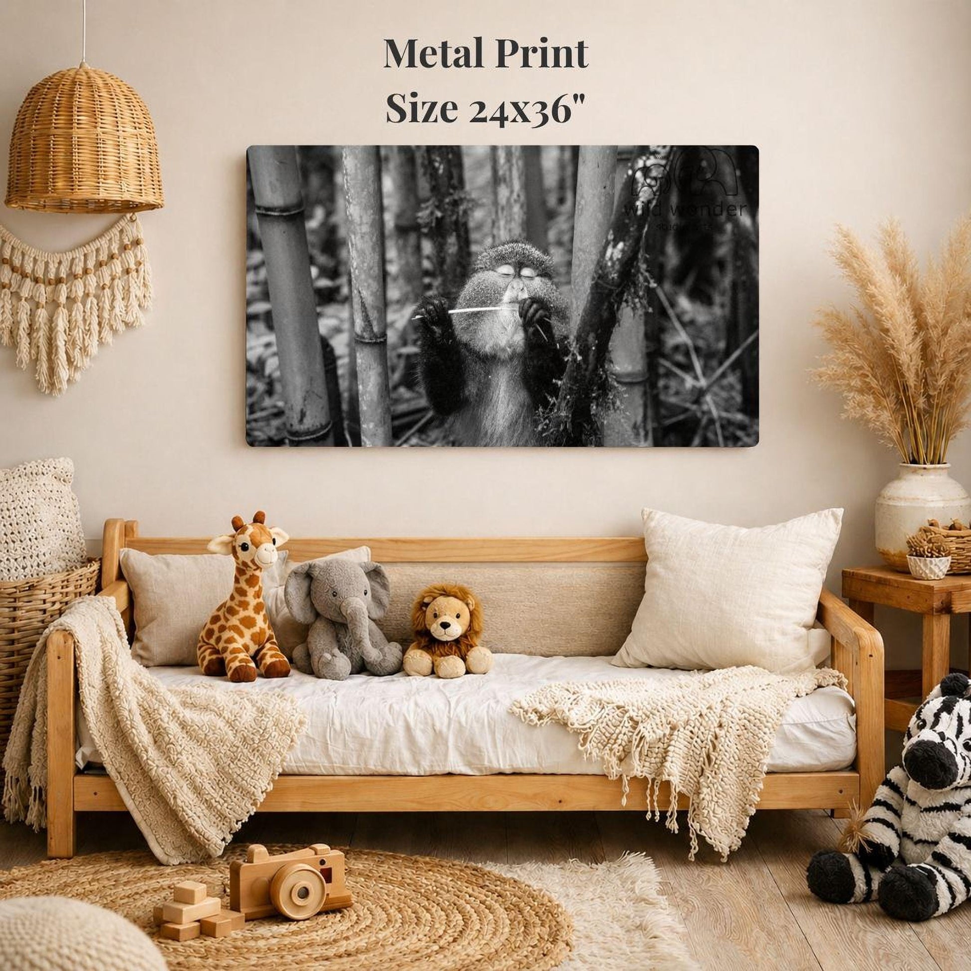 a cozy living room with a large black and white photograph of a monkey hanging on the wall. The room is decorated with various items, including a wooden bench, a woven basket, and a stuffed animal.