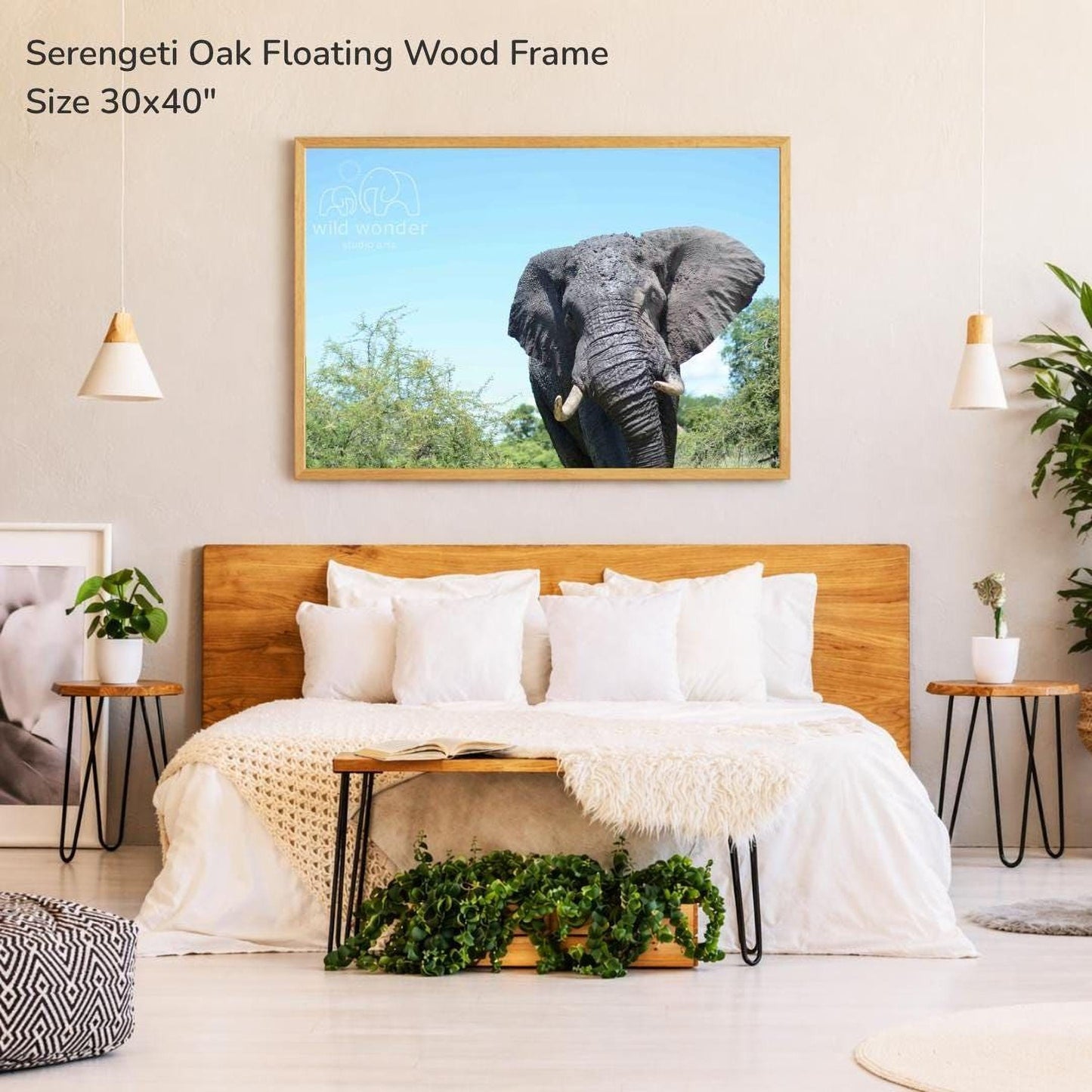 a serene bedroom setting with a large serene oak floating wood frame hanging above a bed with white bedding. The frame displays a photograph of an elephant in a natural environment. The room is decorated with potted plants, a wooden headboard, and a wooden nightstand.