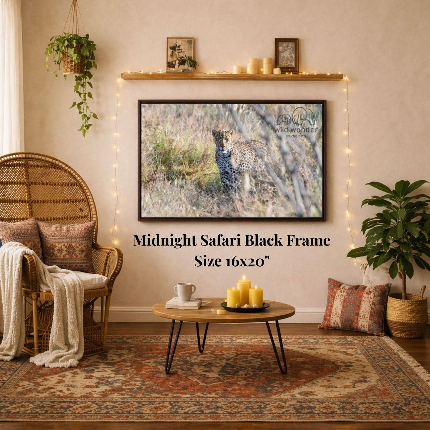 a living room with a large framed photograph of a leopard on the wall, a wicker chair, a coffee table, and a potted plant.