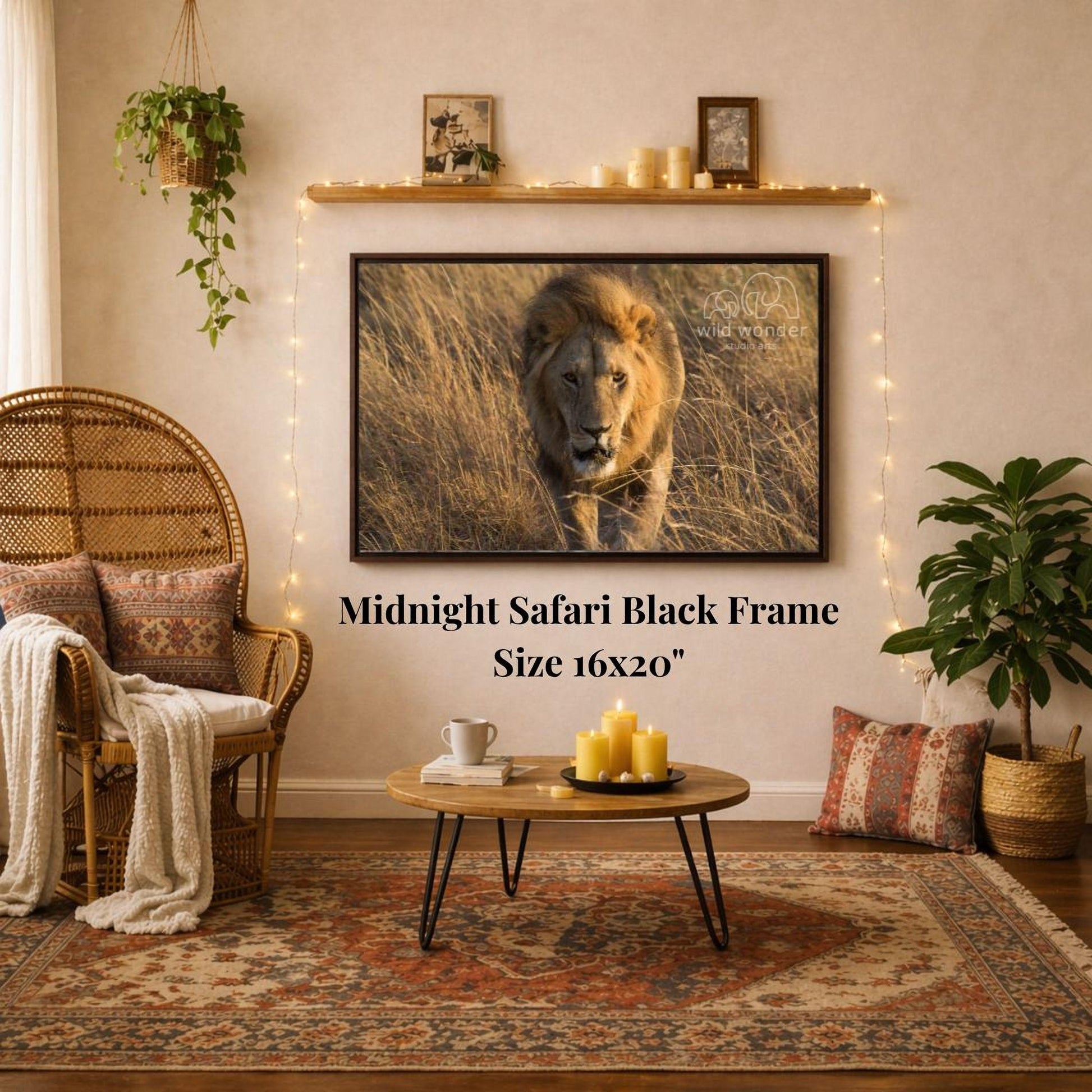 a living room with a large framed photograph of a lion on the wall, a wicker chair, a coffee table, and a potted plant.