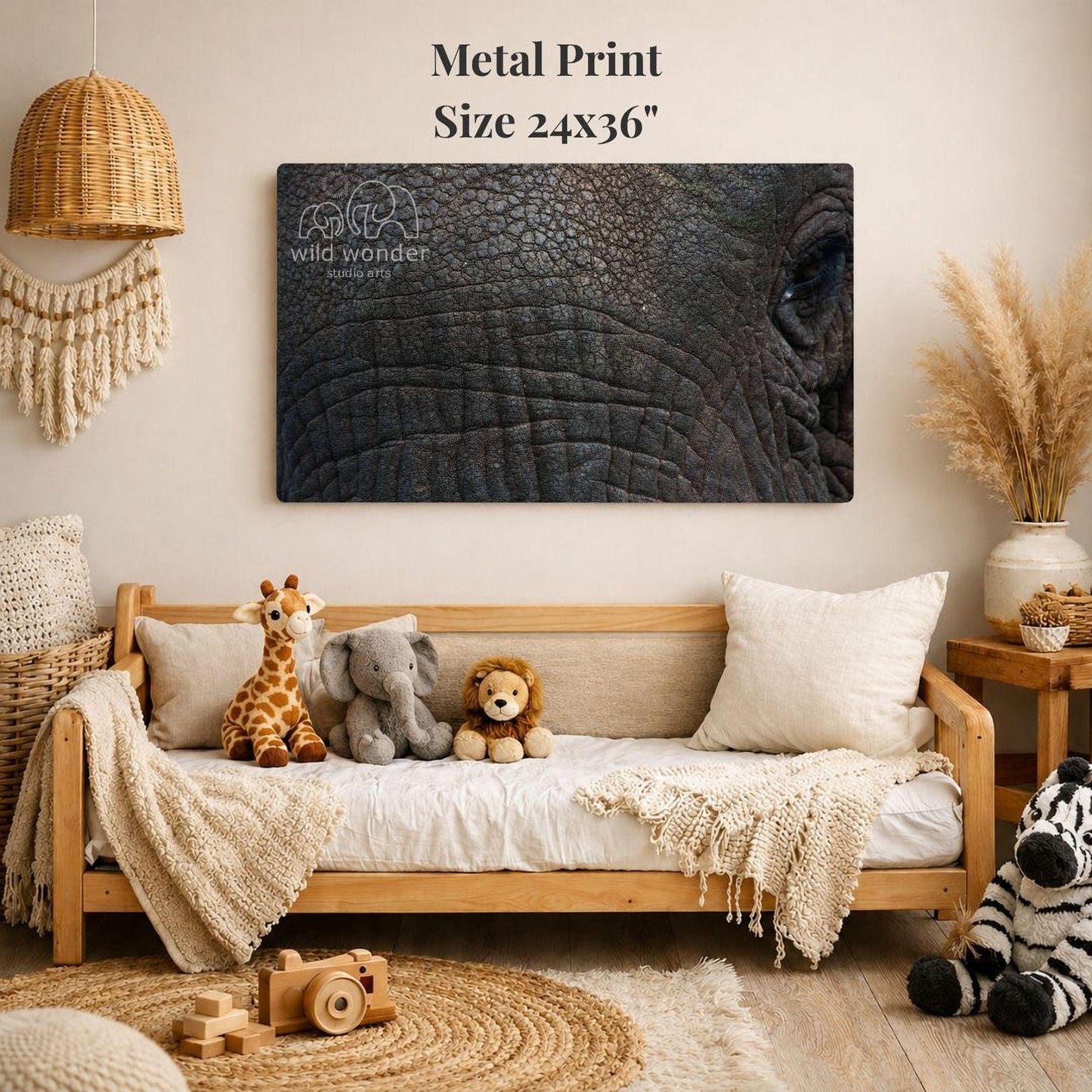 a cozy living room with a large metal print of an elephant's face on the wall, surrounded by various stuffed animals and a wooden bench.