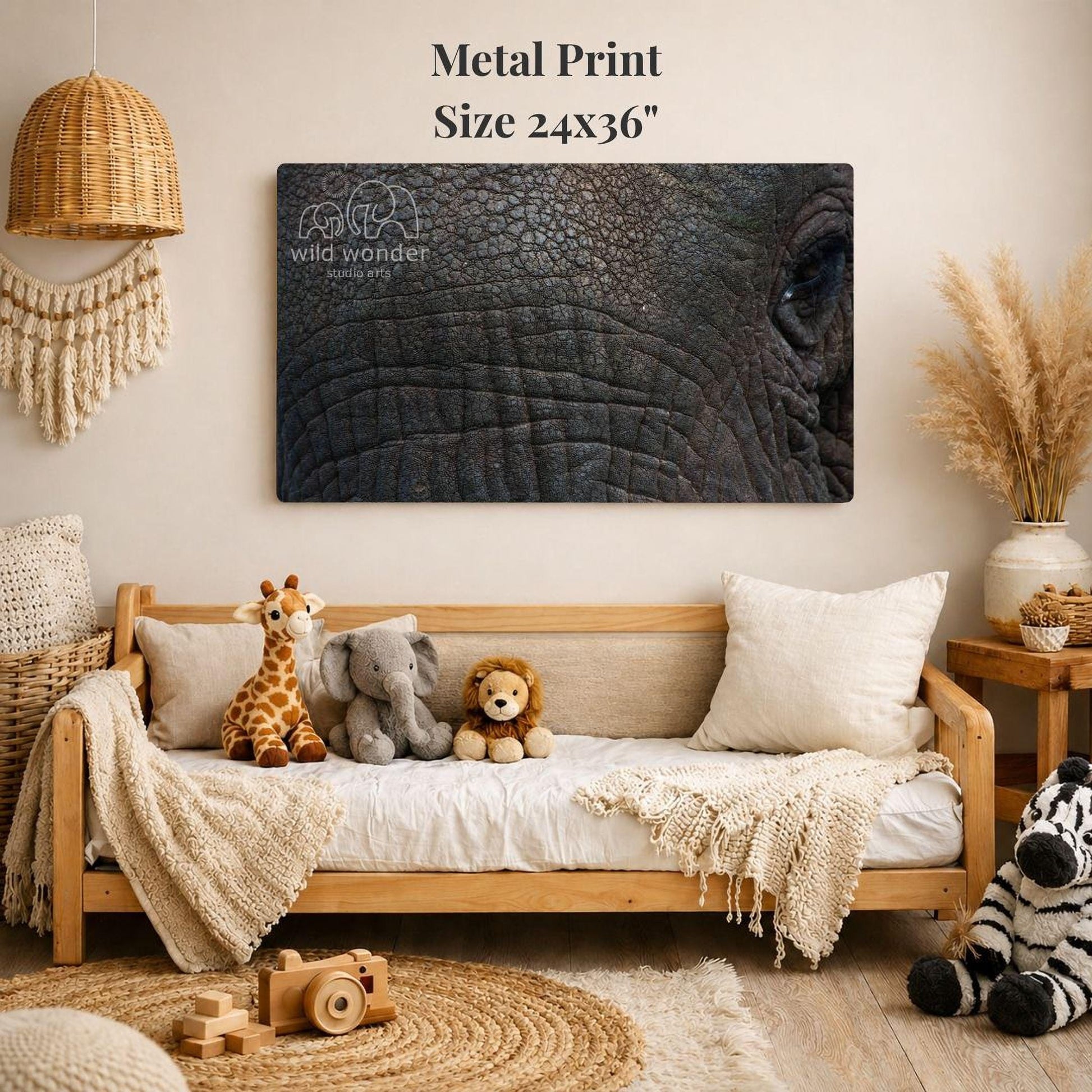 a cozy living room with a large metal print of an elephant's face on the wall, surrounded by various stuffed animals and a wooden bench.