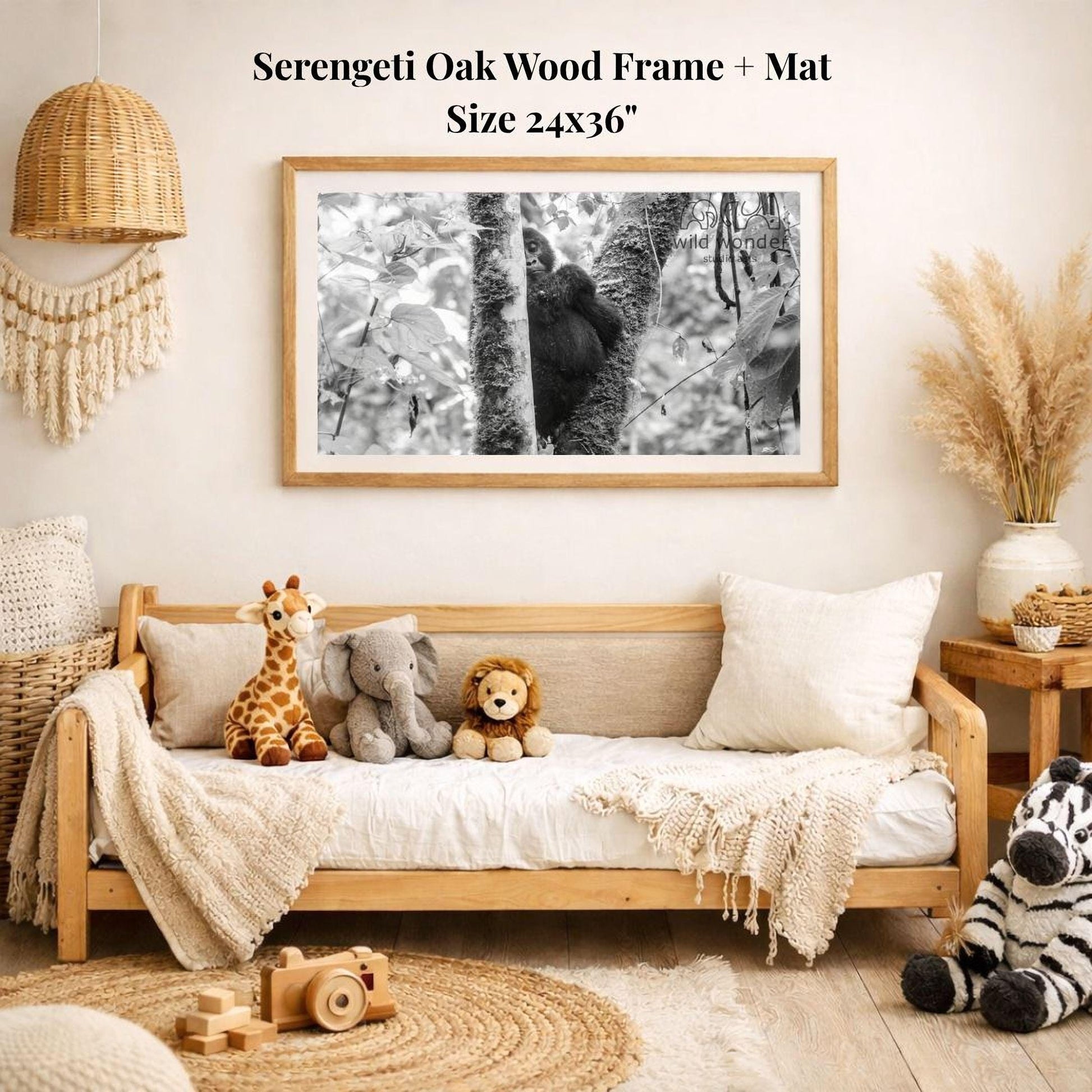 a cozy living room with a wooden sofa, a framed photograph of a monkey, and various stuffed animals. The room has a rustic and natural aesthetic, with a woven basket and a potted plant adding to the warm atmosphere.