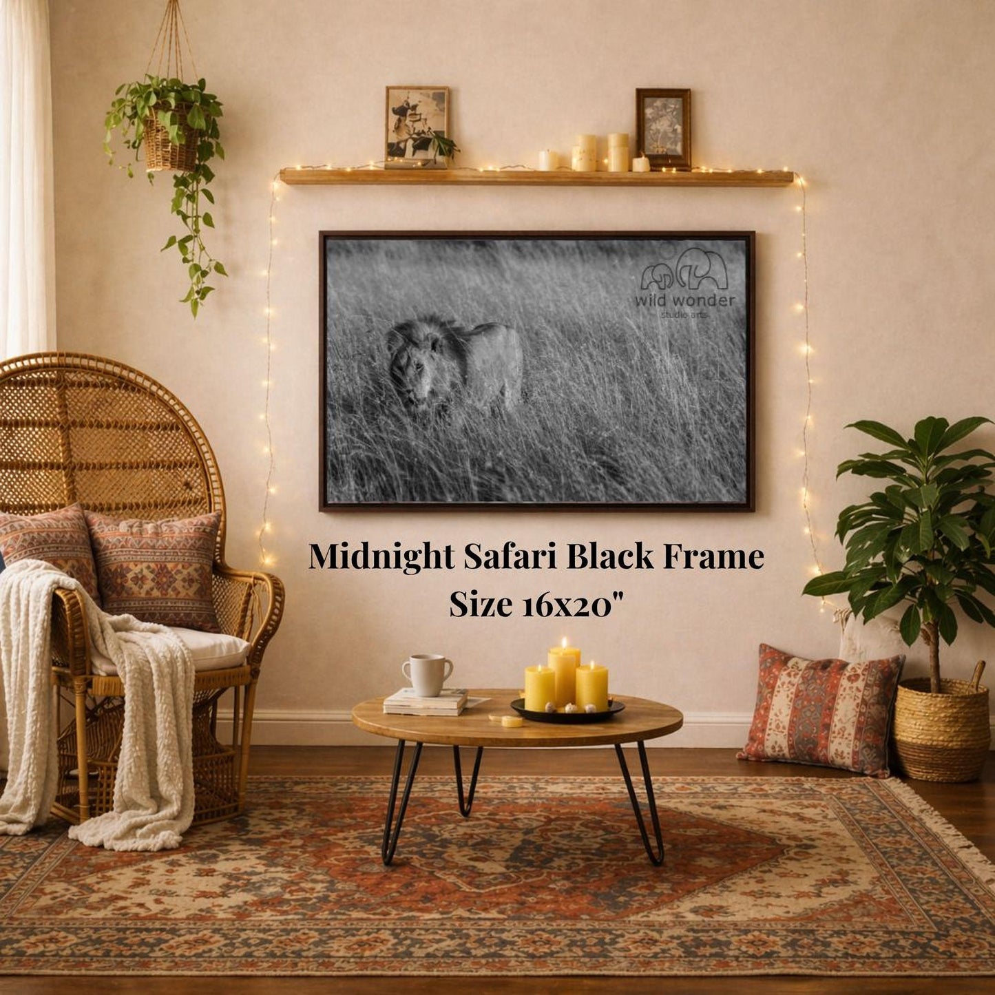 a living room with a large black and white framed photograph of a lion on the wall, a wicker chair, a coffee table, and a potted plant.