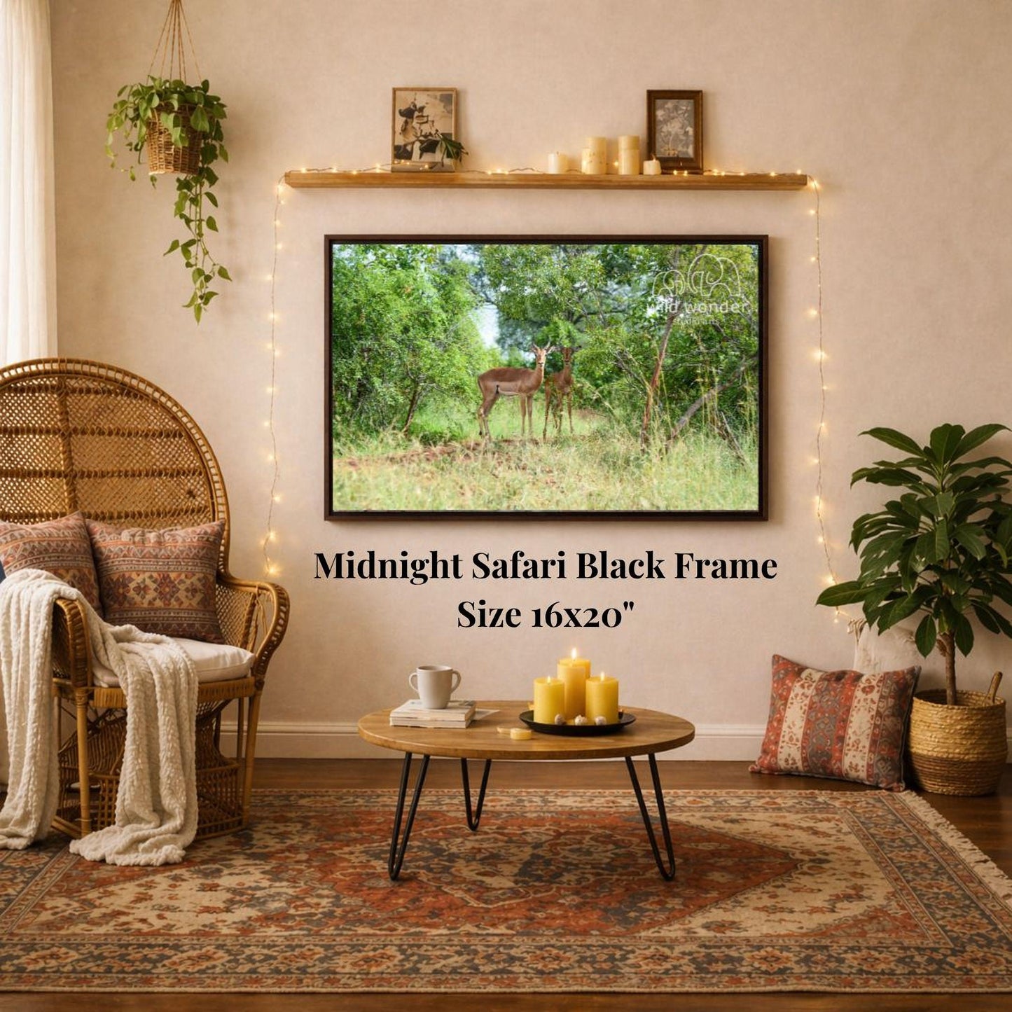 a living room with a large framed photograph of a deer on the wall, a wicker chair, a coffee table, and a potted plant.