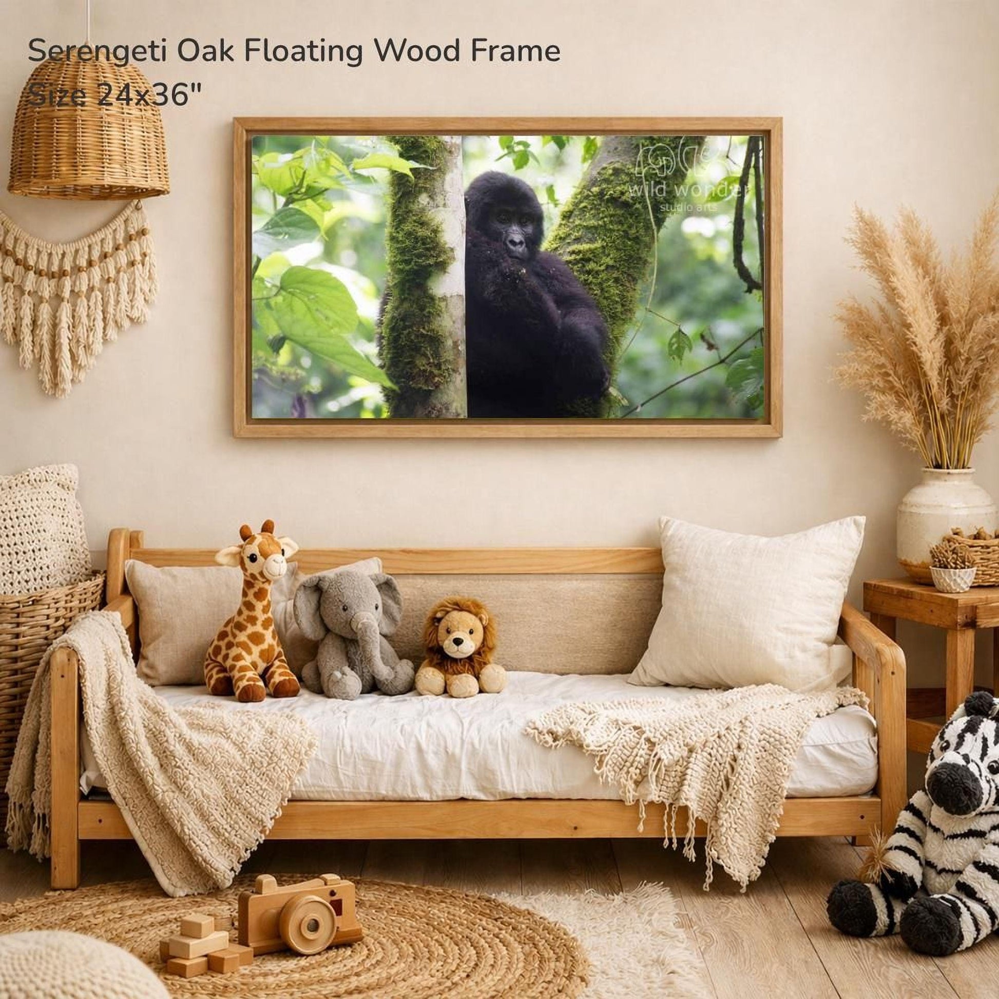 a serene indoor setting with a wooden frame hanging on a wall, displaying a photograph of a gorilla in a lush forest. The frame is surrounded by various stuffed animals, including a giraffe, an elephant, and a lion, creating a cozy and playful atmosphere.