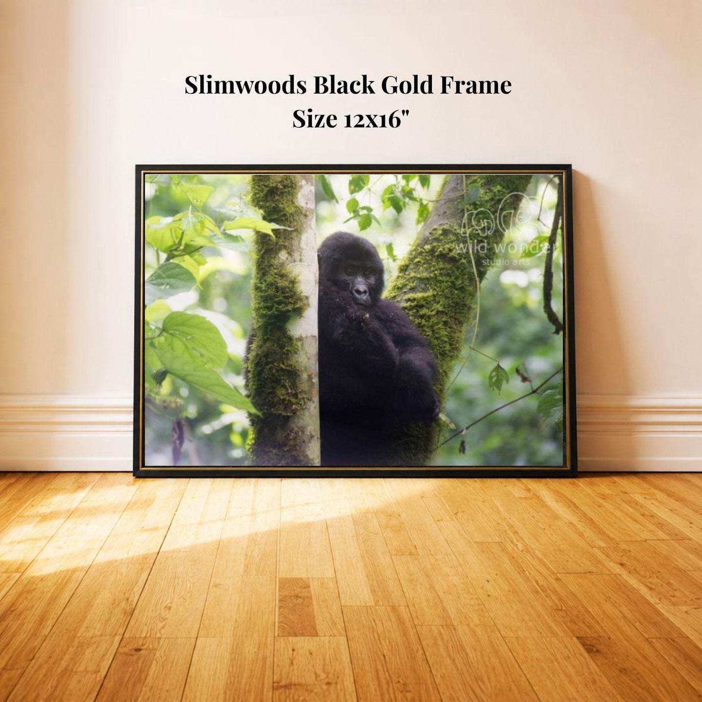 A black gorilla is sitting on a tree branch in a lush, green forest environment.