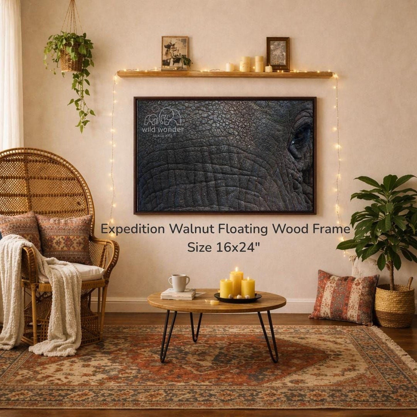 a living room with a large wall-mounted painting of an elephant's face, a wicker chair, a coffee table, and a potted plant. The room has a warm and cozy atmosphere with string lights and a wooden shelf displaying various items.