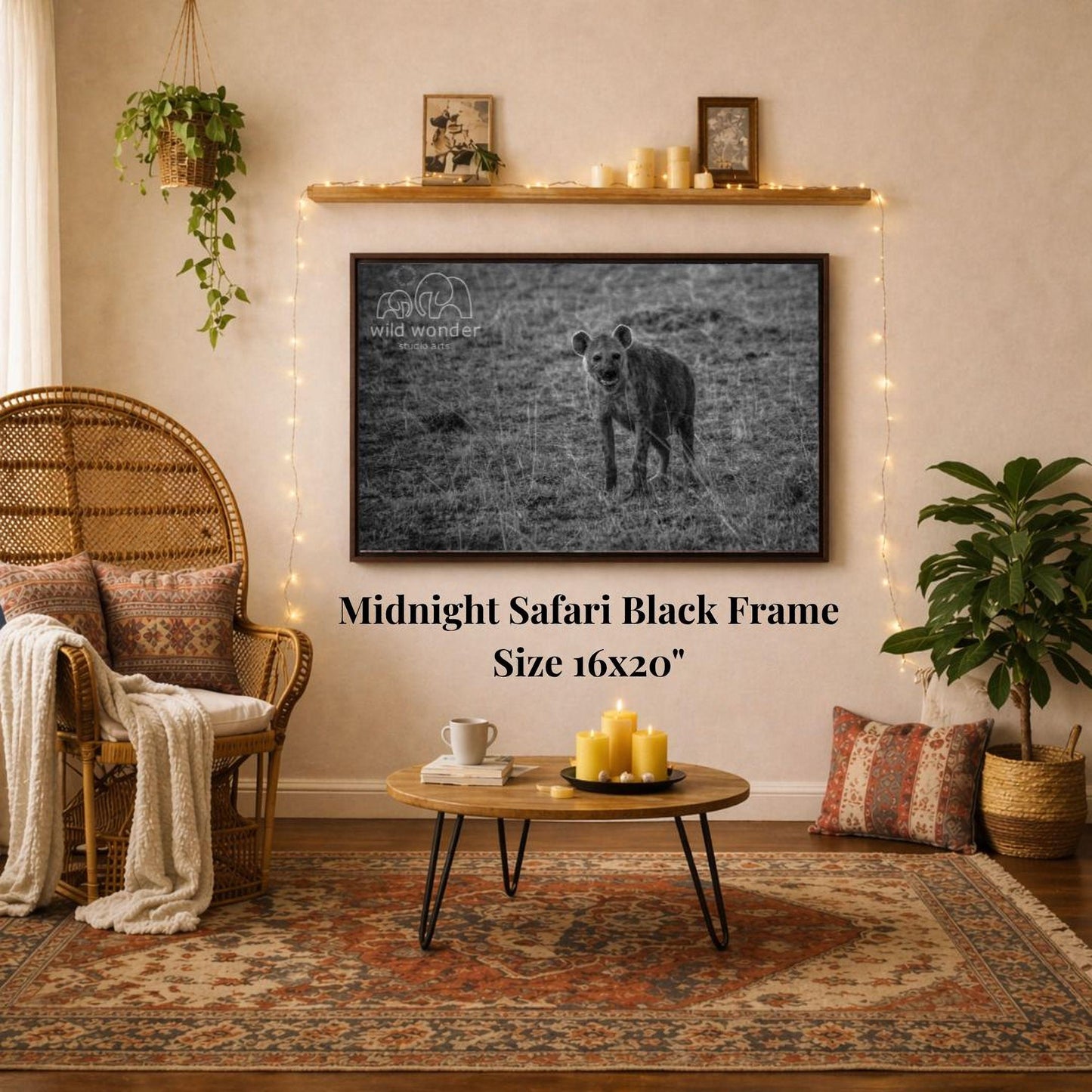 a living room with a large black and white photograph of a wild animal, likely a hyena, hanging on the wall. The photograph is framed in a 16x20" size. The room is decorated with various items, including a wicker chair, a coffee table, and a potted plant. The overall atmosphere of the room appears to be cozy and inviting.