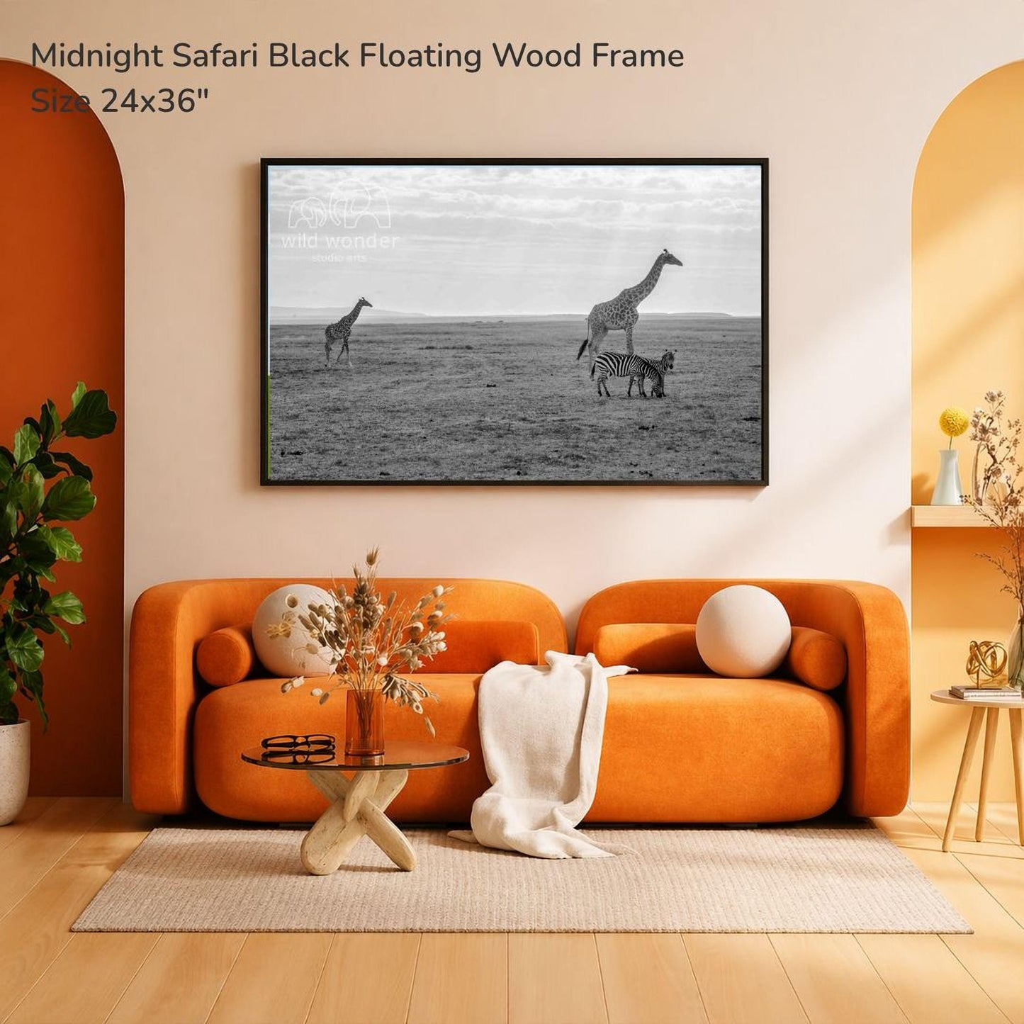 a large black and white photograph of three giraffes in a savannah landscape, hanging on a wall above an orange sofa in a living room setting.