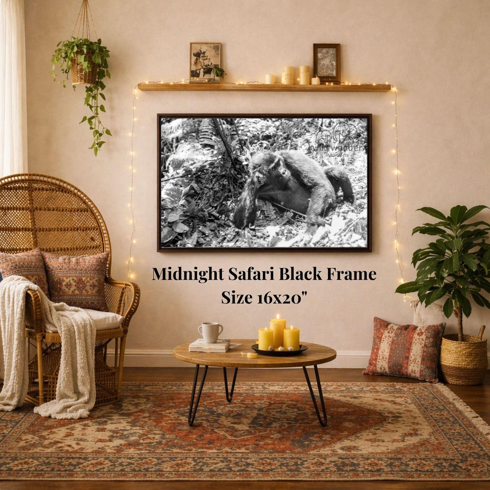 a living room with a large black and white photograph of a monkey hanging on the wall. The photograph is framed in a 16x20" size. The room is decorated with a wicker chair, a coffee table, and a potted plant. The overall atmosphere of the room appears to be cozy and inviting.