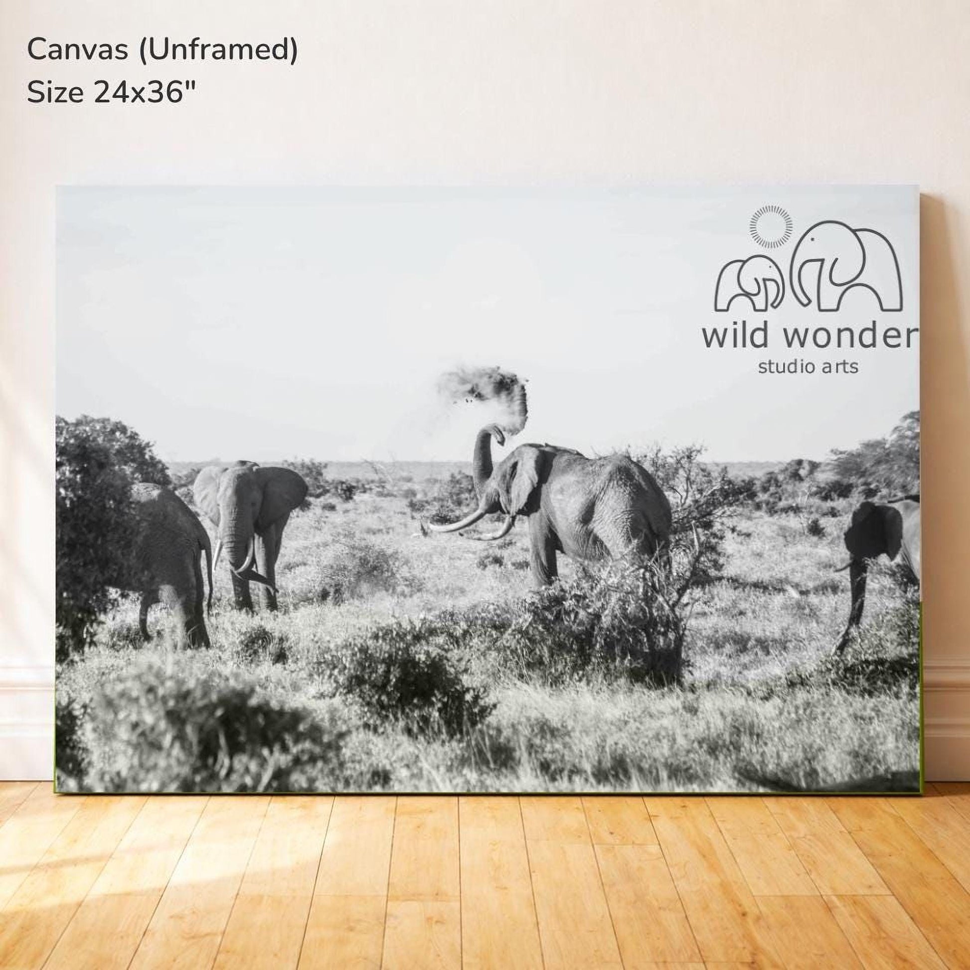 A black and white photograph of three elephants in a grassy field, with a studio arts logo in the background.
