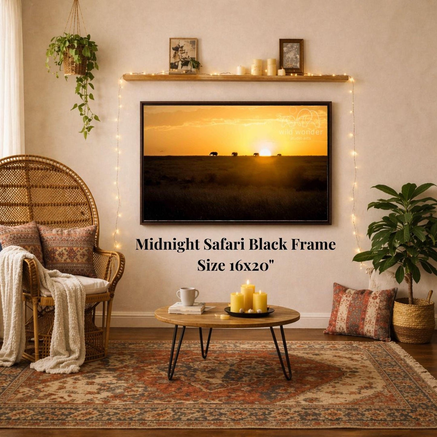 a cozy living room with a large framed picture of a sunset on the wall, a wicker chair, a coffee table, and a potted plant.