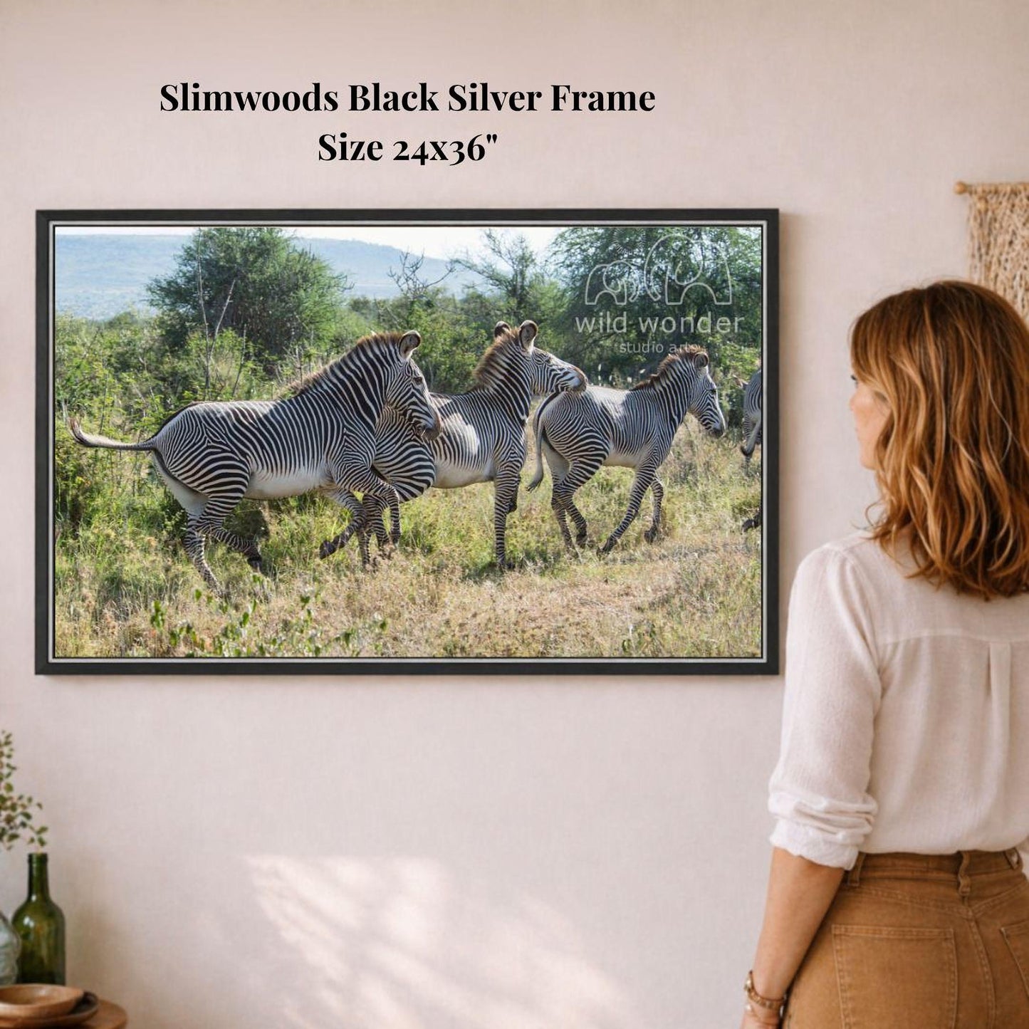 A woman is standing in front of a framed photograph of a group of zebras in a grassy field, looking at the artwork.