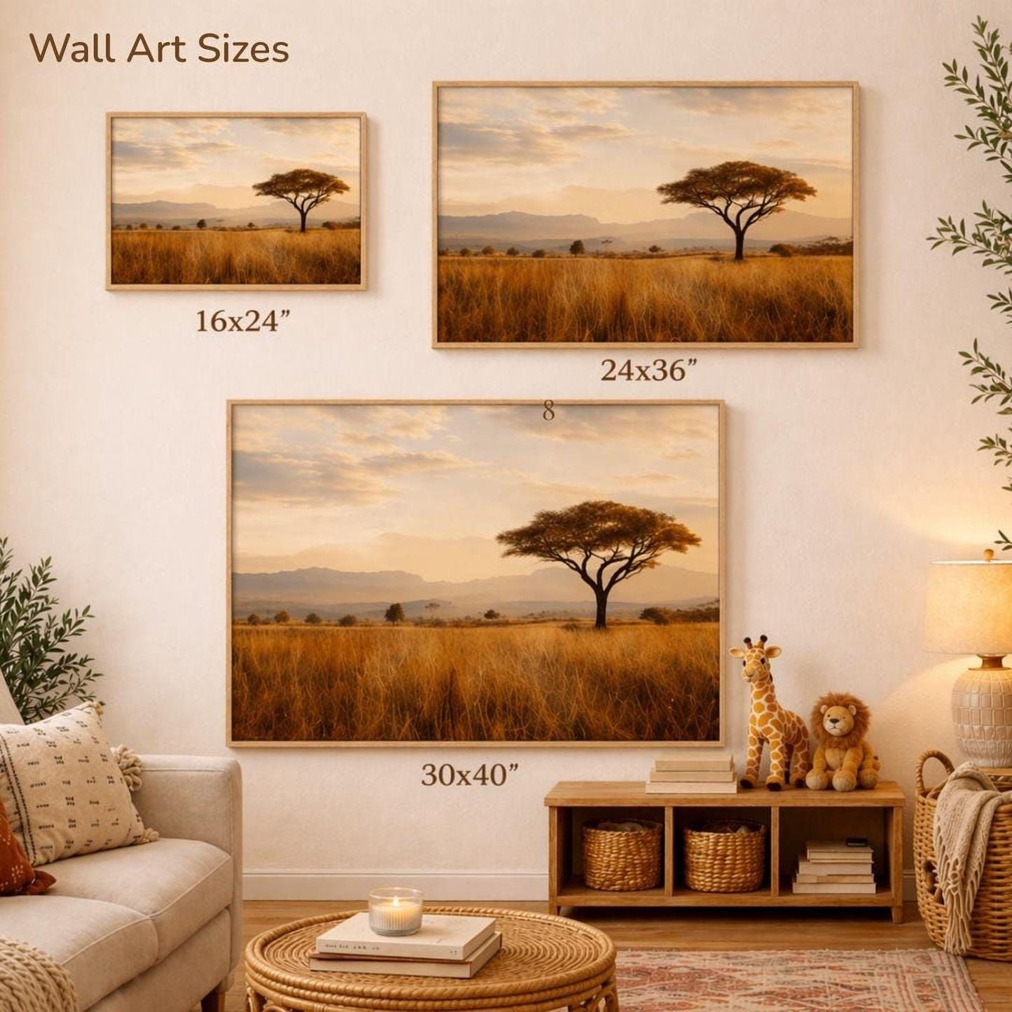 The image is a living room with a large wall art depicting a serene landscape of a tree in the foreground and a field in the background. The wall art is framed in three different sizes, ranging from 16x24" to 24x36" and 30x40". The room also includes a couch, a coffee table, and various decorative items such as a lamp and a stuffed animal.