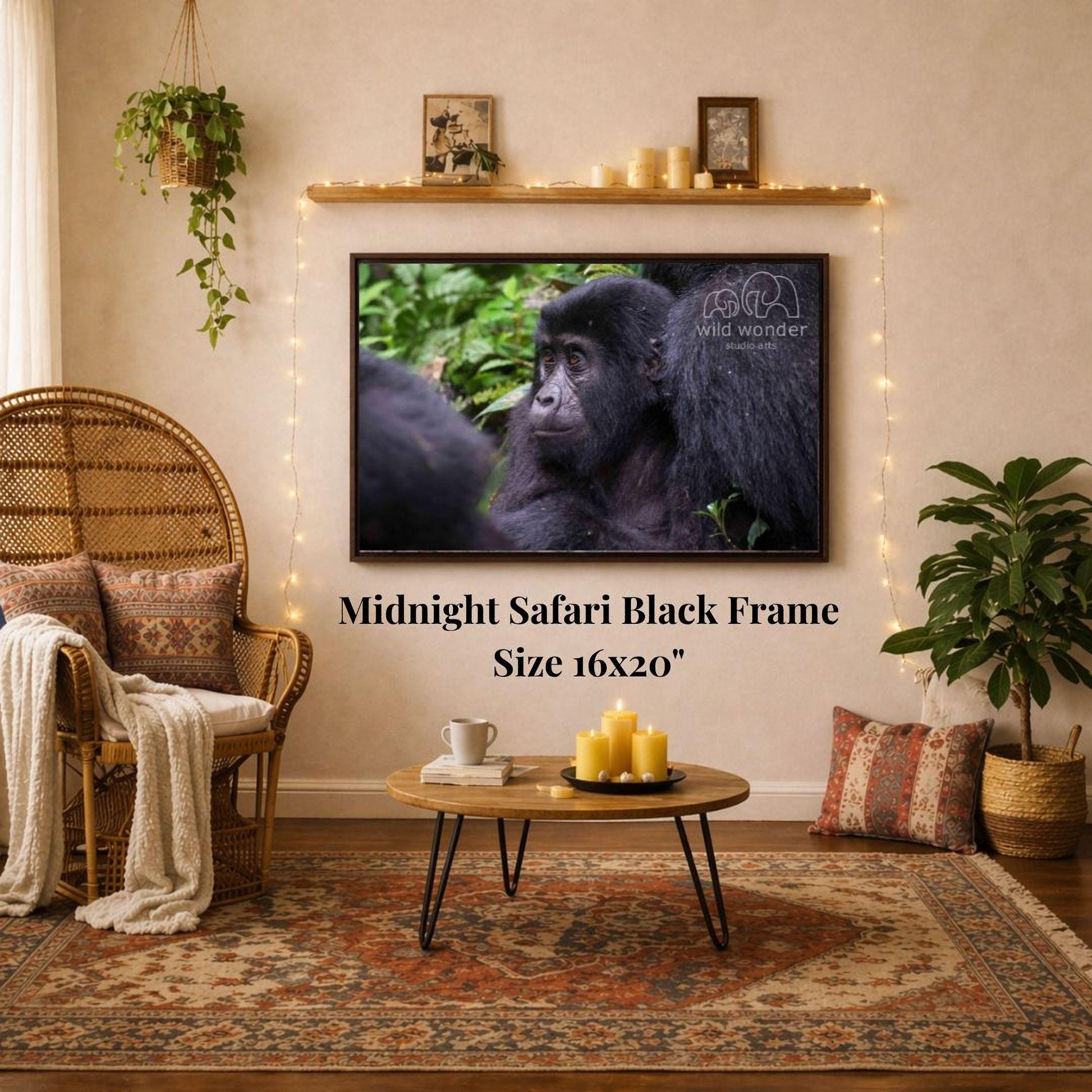 a living room with a large framed photograph of a black gorilla hanging on the wall. The photograph is mounted on a wooden frame, and the frame is described as a "Midnight Safari Black Frame" and "Size 16x20". The room is decorated with various items, including a wicker chair, a coffee table, and a potted plant.