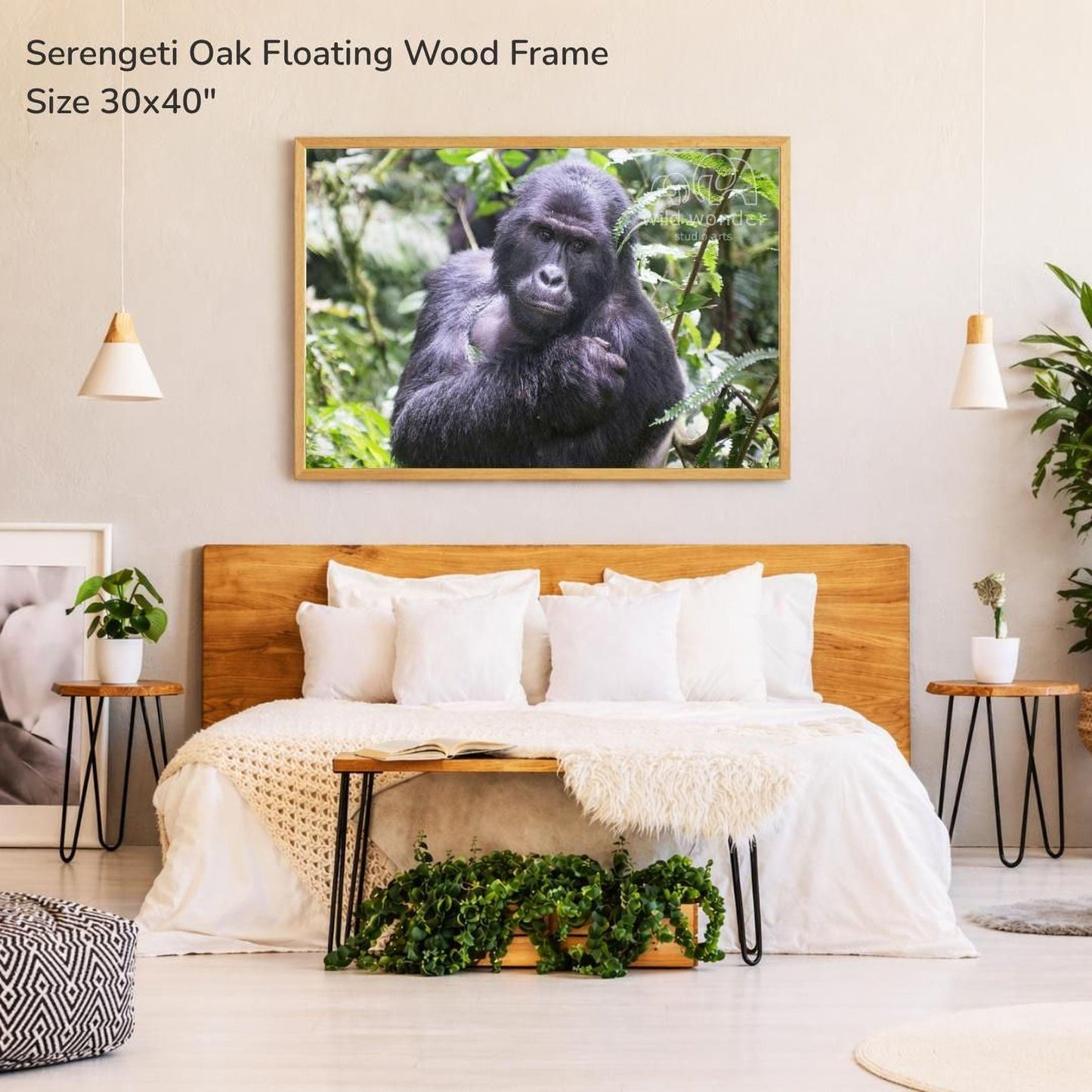 a bedroom with a large wooden headboard and a framed photograph of a gorilla hanging on the wall above it.