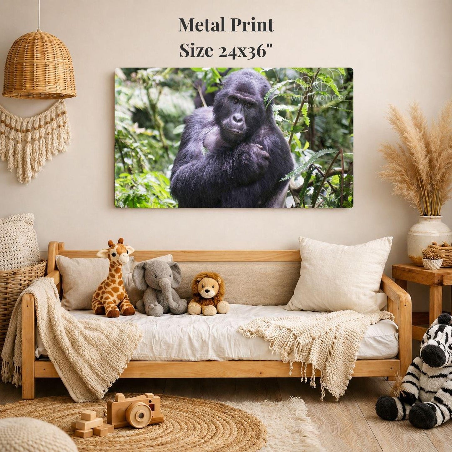 a large metal print of a gorilla on a wall, surrounded by various stuffed animals and a cozy living room setting.