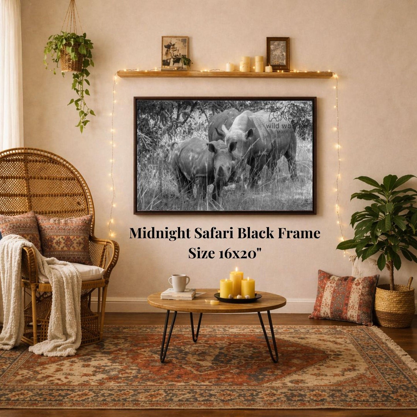 a living room with a large black and white photograph of two rhinos on the wall, a wicker chair, a coffee table, and a potted plant.