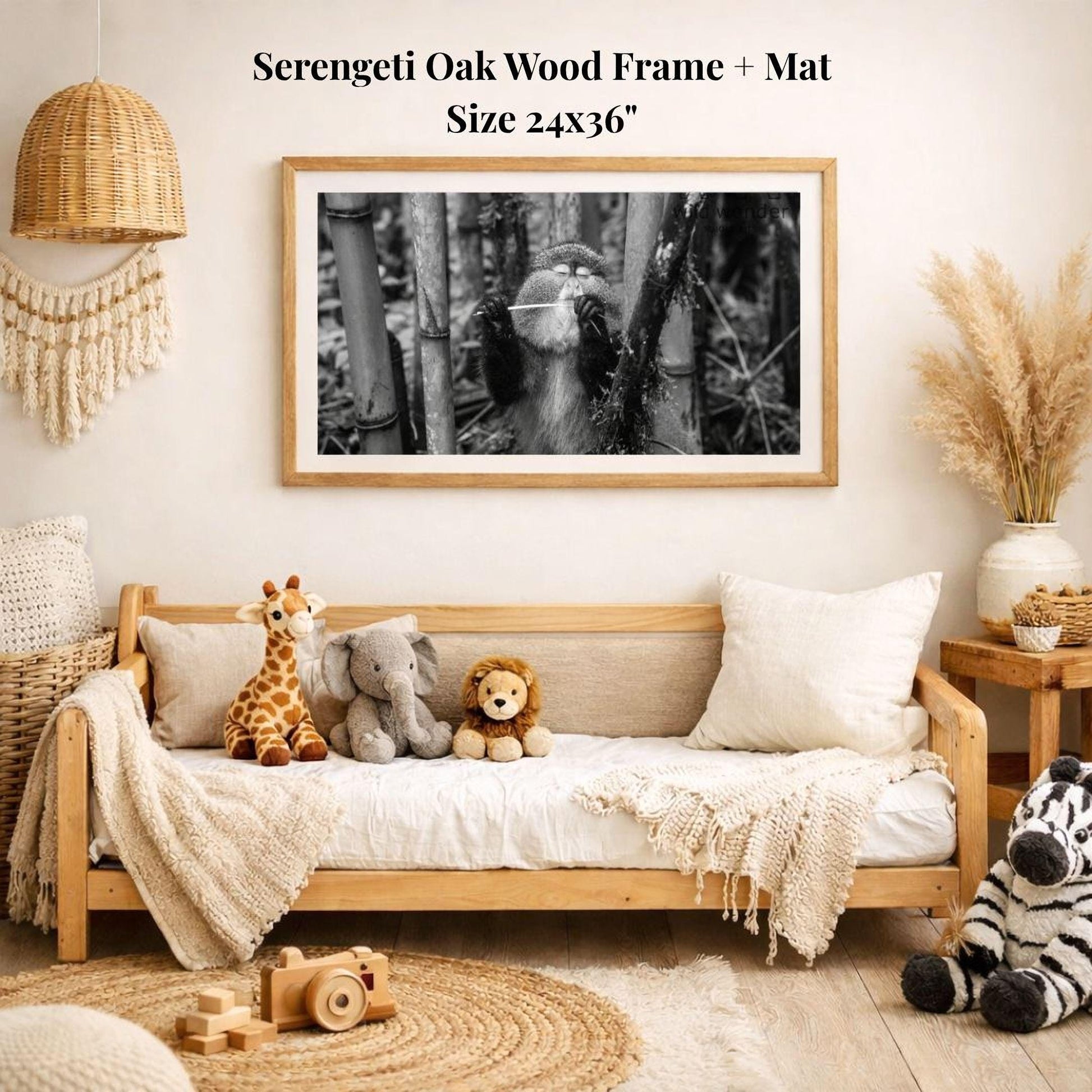 a cozy living room with a wooden sofa, a framed black and white photograph of a monkey, and various stuffed animals. The room has a rustic and natural aesthetic, with a woven basket and a potted plant adding to the warm and inviting atmosphere.