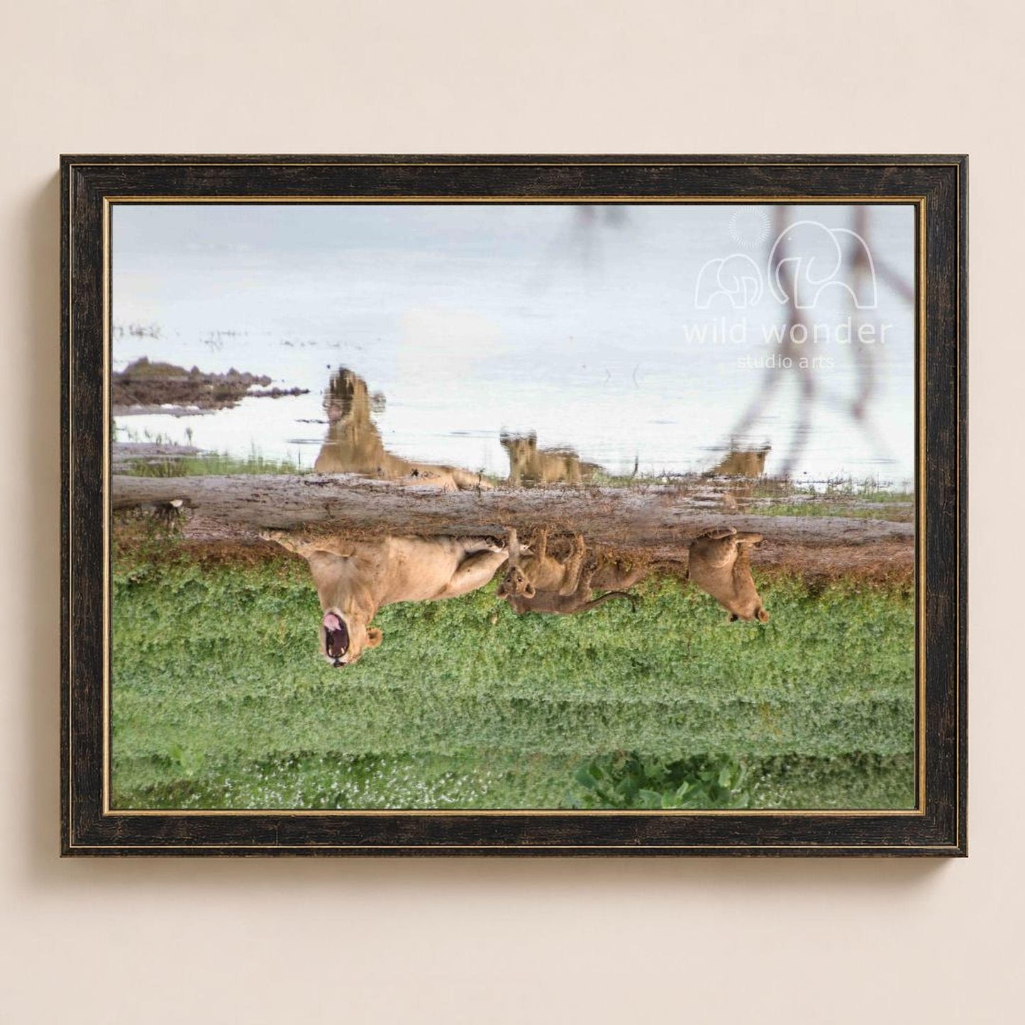 A group of animals, including deer, are seen grazing in a grassy field, with a body of water visible in the background.