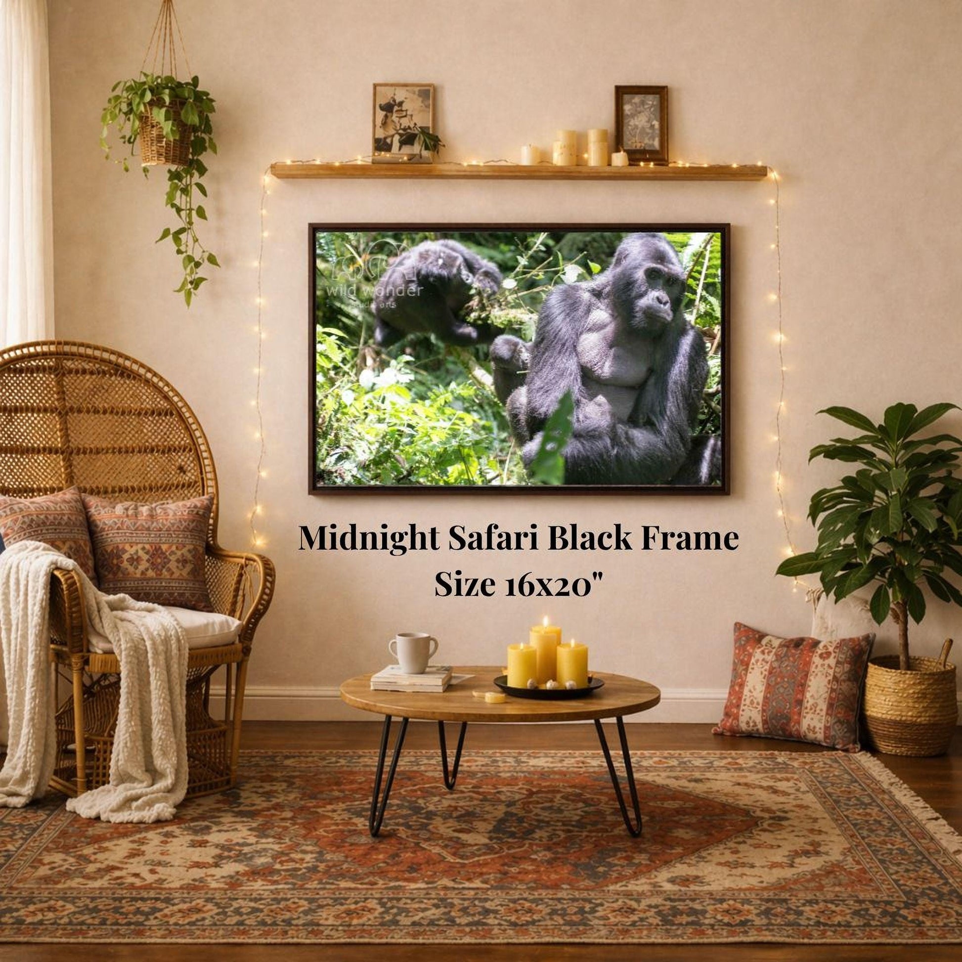a living room with a large television displaying a wildlife scene, a coffee table with candles, a wicker chair, and a woven basket.