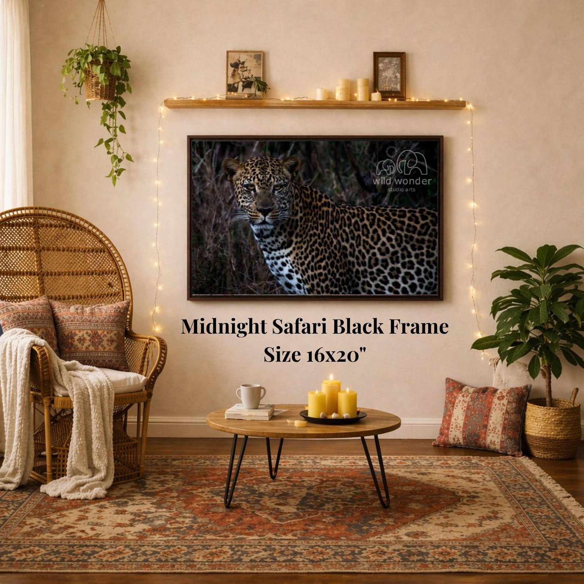 a living room with a large framed photograph of a leopard on the wall, a wicker chair, a coffee table, and a potted plant.