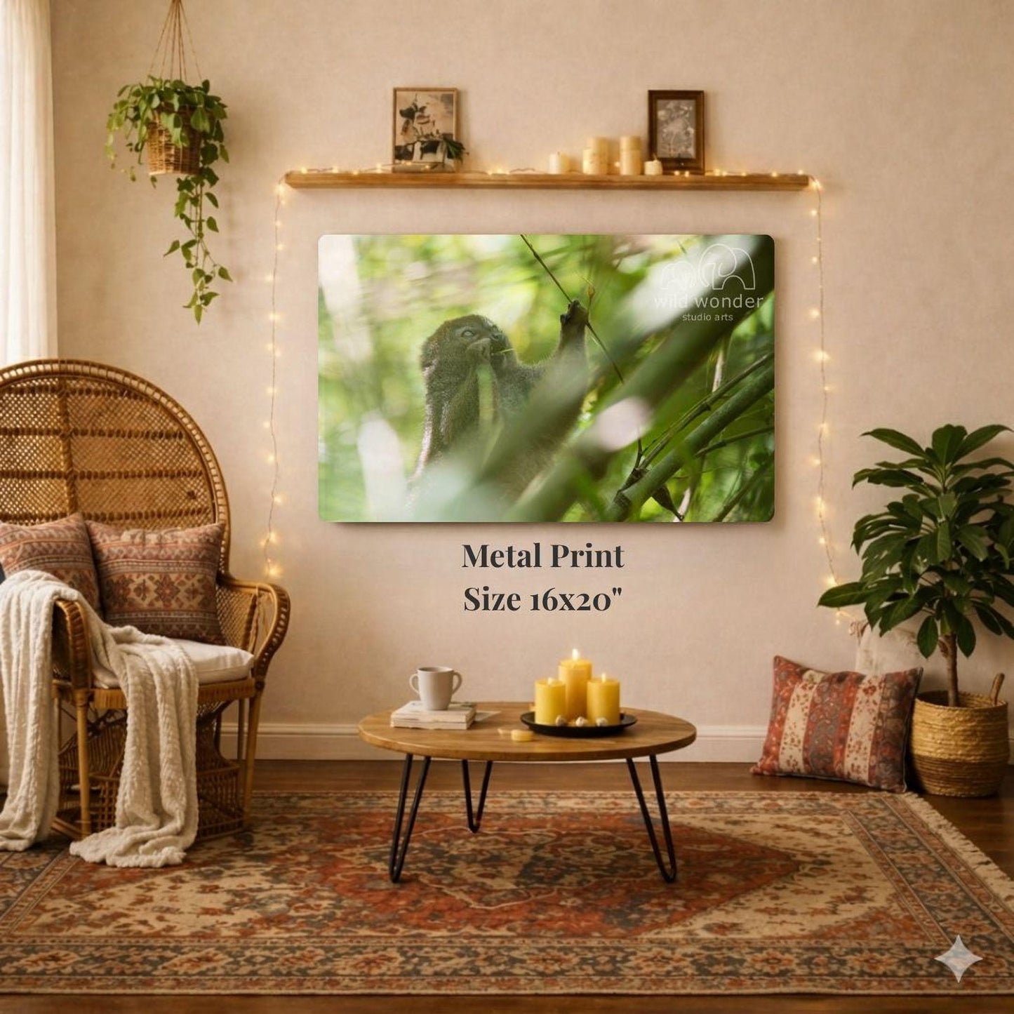 a cozy living room with a large metal print hanging on the wall, a wicker chair, a coffee table, and various decorative elements such as plants and candles.