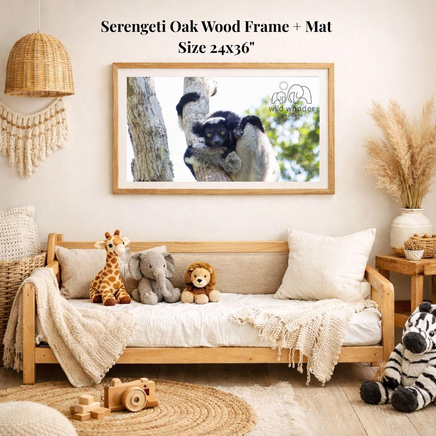 a cozy living room with a large framed photograph of two animals, likely a lion and a zebra, hanging on the wall. The room is decorated with various items, including a wooden bench, a woven basket, and a potted plant. There are also several stuffed animals, including a giraffe, an elephant, and a lion, arranged on the bench.