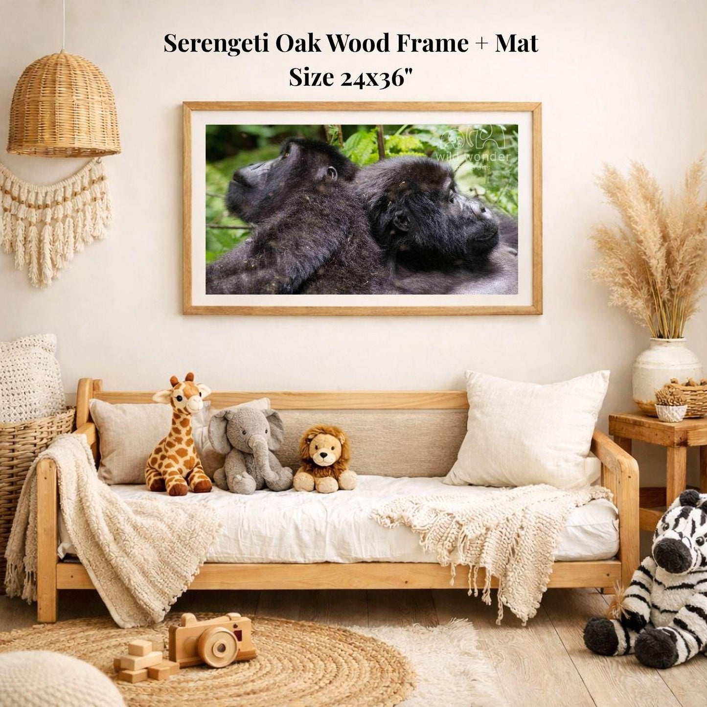 a cozy living room with a wooden sofa, a framed photograph of two black gorillas, and various stuffed animals, including a giraffe, an elephant, and a lion.