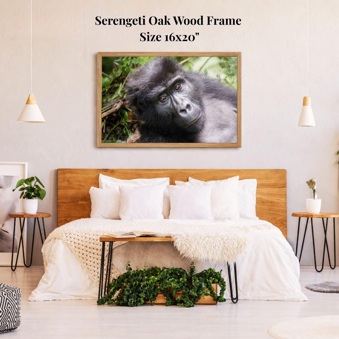 a bedroom with a large wooden headboard and a framed photograph of a gorilla on the wall above it.