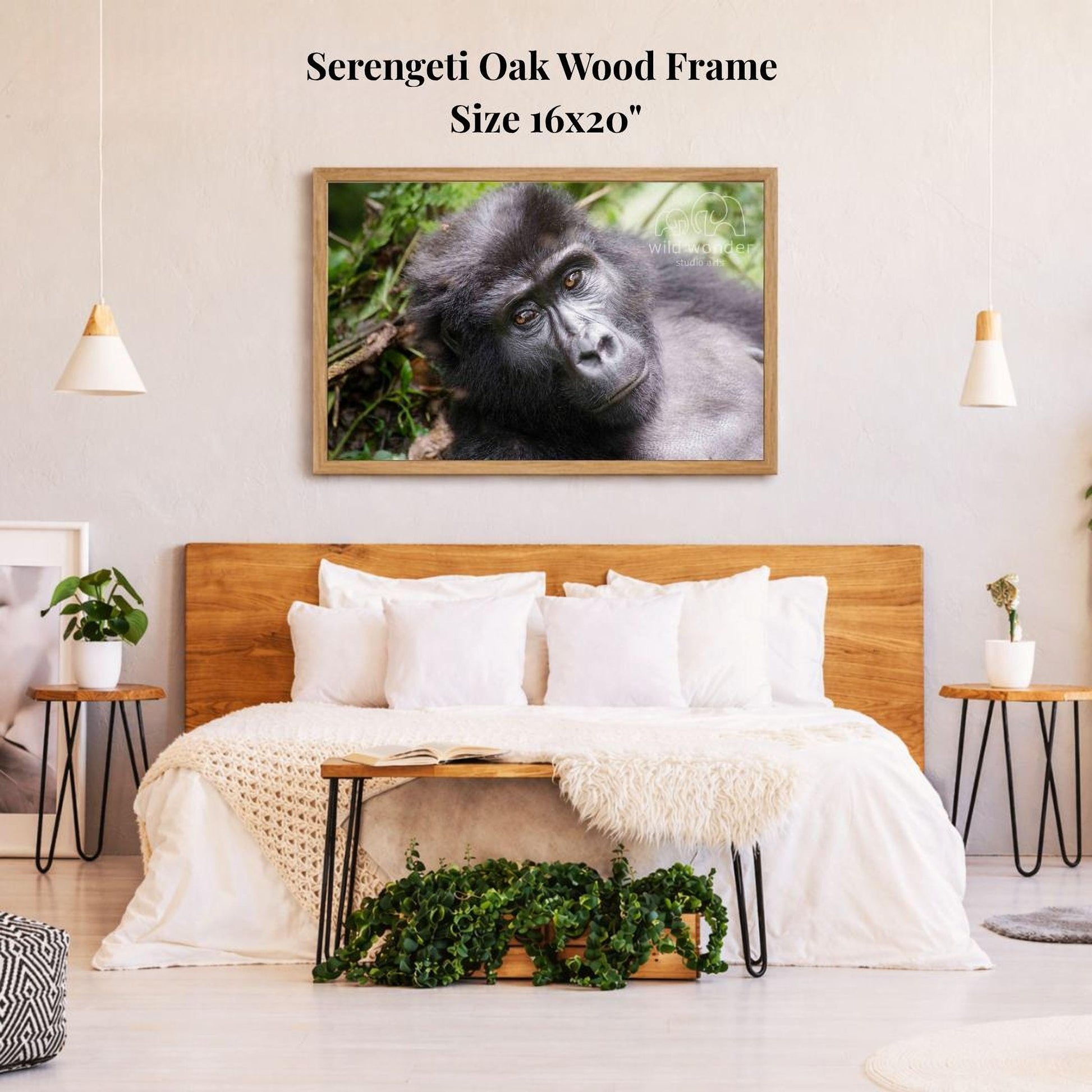 a bedroom with a large wooden headboard and a framed photograph of a gorilla on the wall above it.