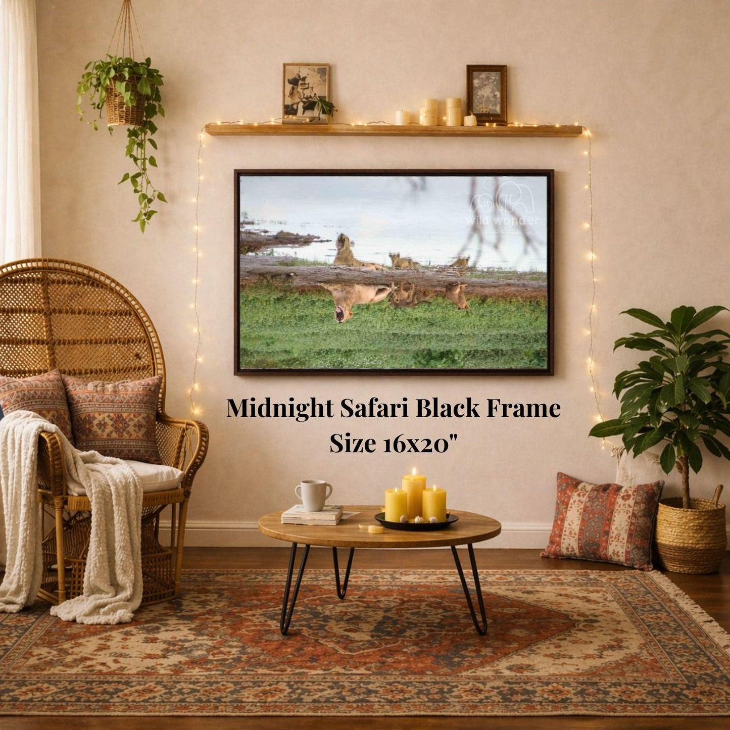 a living room with a large framed picture of a safari scene hanging on the wall. The room has a wicker chair, a coffee table, and a potted plant. The image also includes text that reads "Midnight Safari Black Frame" and "Size 16x20", indicating the dimensions and type of the artwork.