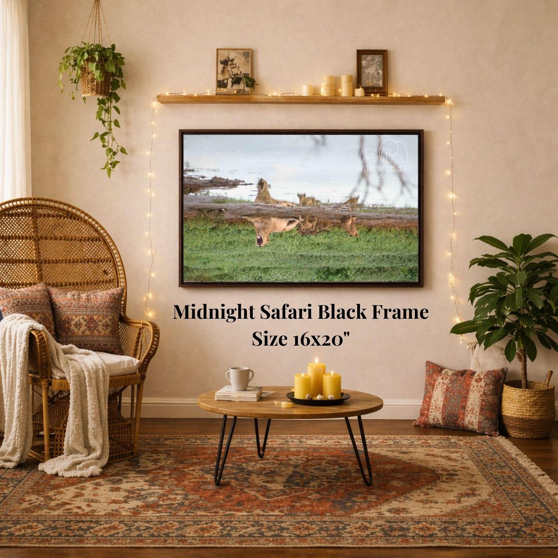 a living room with a large framed picture of a safari scene hanging on the wall. The room has a wicker chair, a coffee table, and a potted plant. The image also includes text that reads "Midnight Safari Black Frame" and "Size 16x20", indicating the dimensions and type of the artwork.