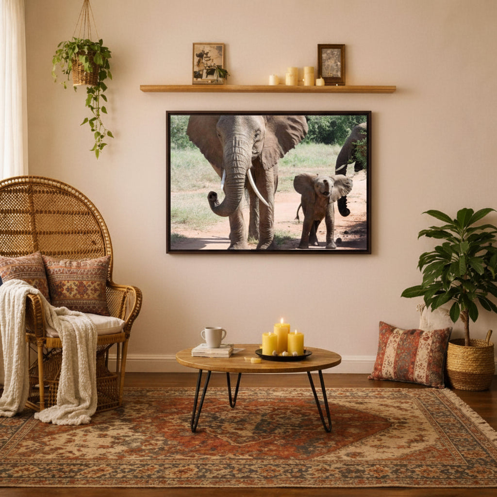 a living room with a large framed photograph of two elephants on the wall, a wicker chair, a coffee table, and a potted plant.
