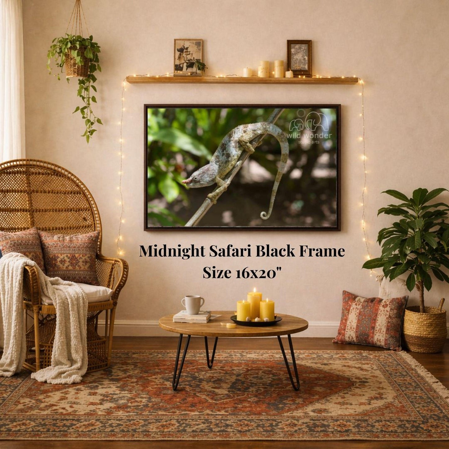 a living room with a large framed photograph of a chameleon on the wall, a wicker chair, a coffee table with candles, and a woven basket.