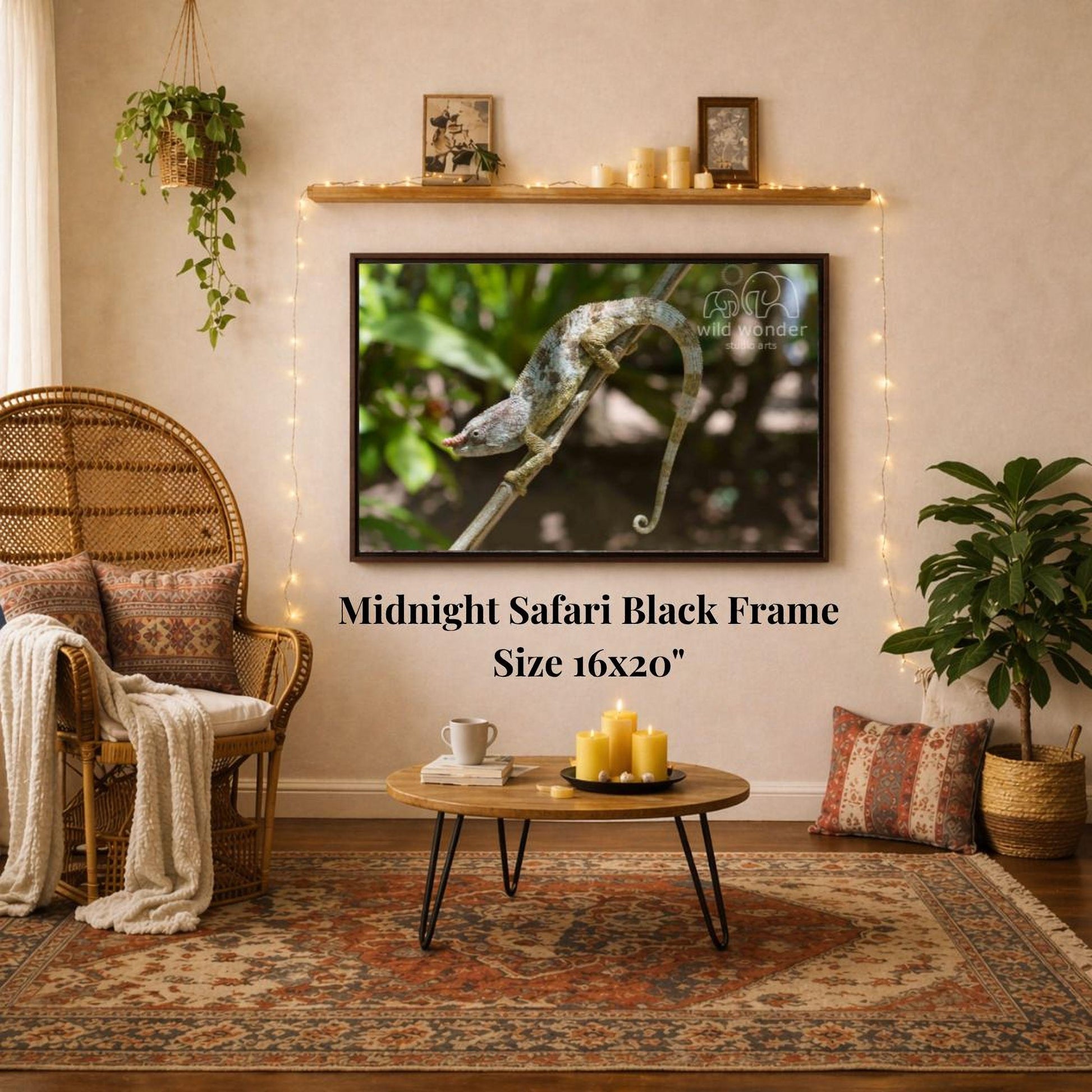 a living room with a large framed photograph of a chameleon on the wall, a wicker chair, a coffee table with candles, and a woven basket.
