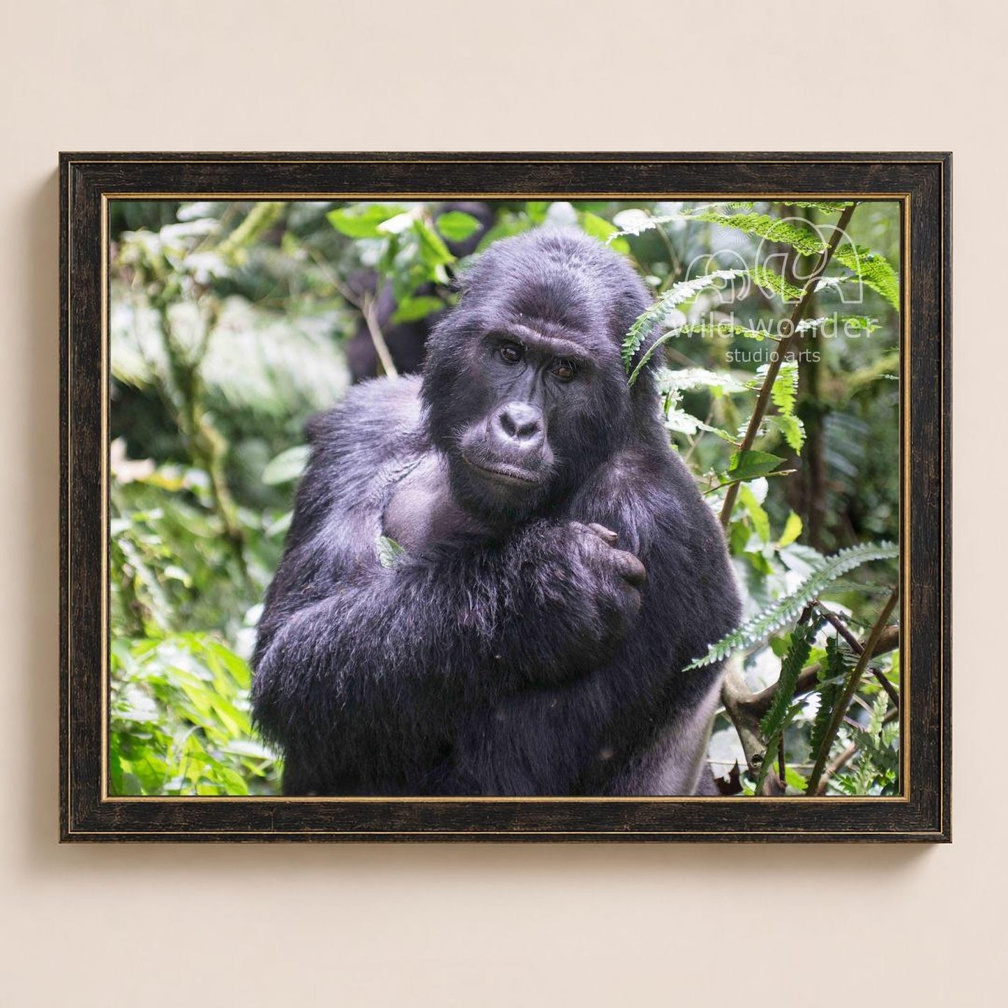 A close-up portrait of a gorilla in a lush, green forest environment.