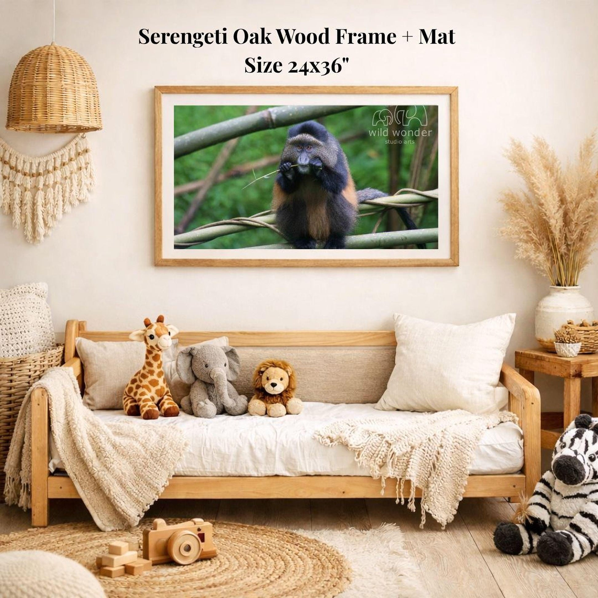 a serene indoor setting with a wooden frame and mat hanging on the wall, displaying a photograph of a monkey. The room is decorated with various stuffed animals, including a giraffe, elephant, lion, and zebra, arranged on a couch and a rug. The overall scene conveys a sense of warmth and comfort, with the wooden frame and mat adding a touch of rustic charm to the space.